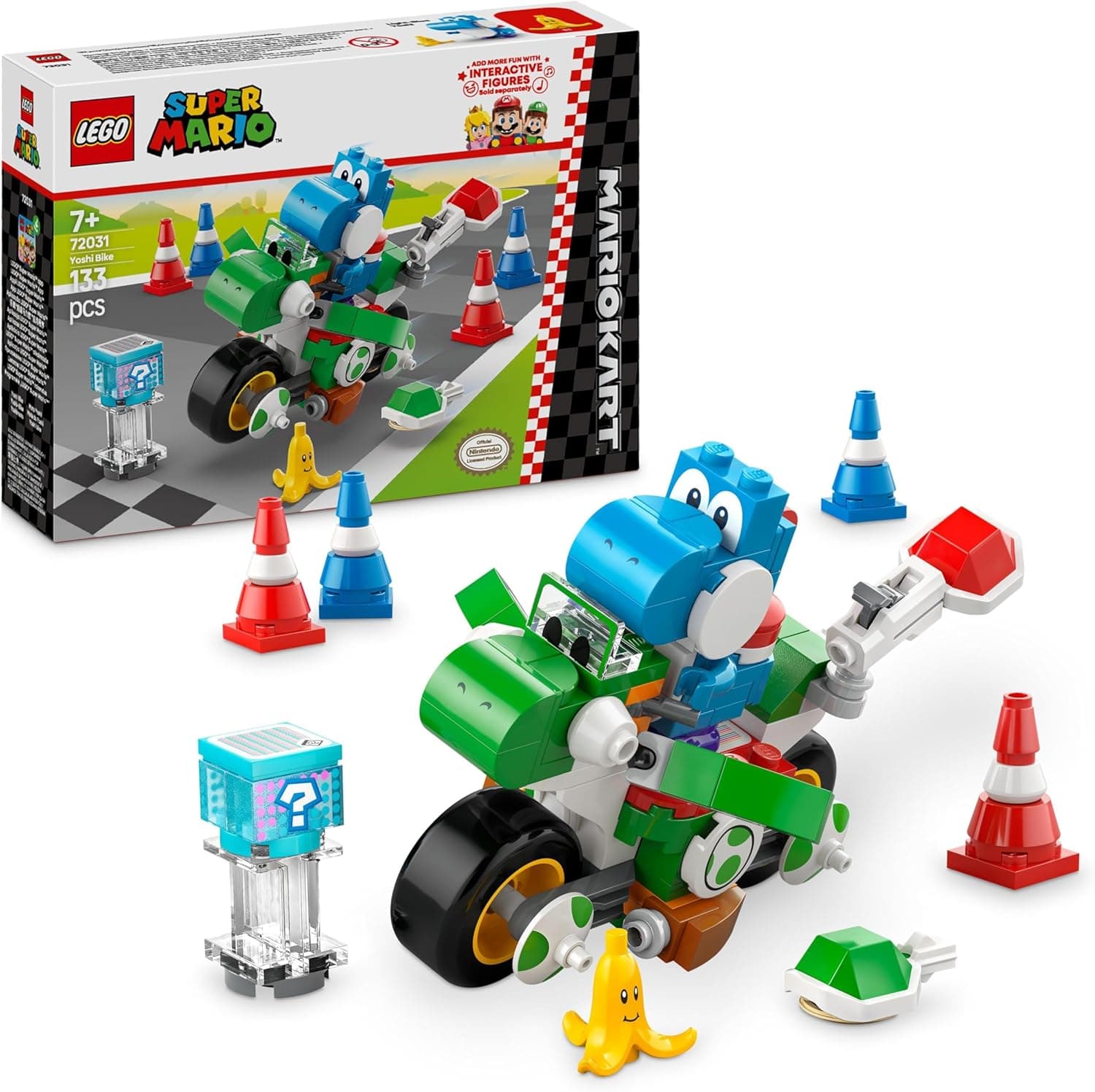 LEGO Super Mario: Mario Kart: Moto Yoshi de brinquedo, presente Gamer da Nintendo para meninos e meninas de 7 anos ou mais, figura de personagem Yoshi azul com acessórios de banana, cones e conchas