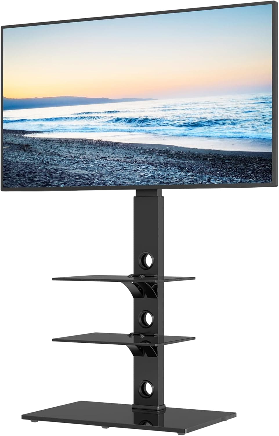 BONTEC Suporte de chão para TV para ecrãs LED OLED LCD de plasma de 30 a 70 polegadas até 40 kg, suporte para TV de pé de altura ajustável com prateleiras de vidro temperado de 3 níveis, MAX VESA 600