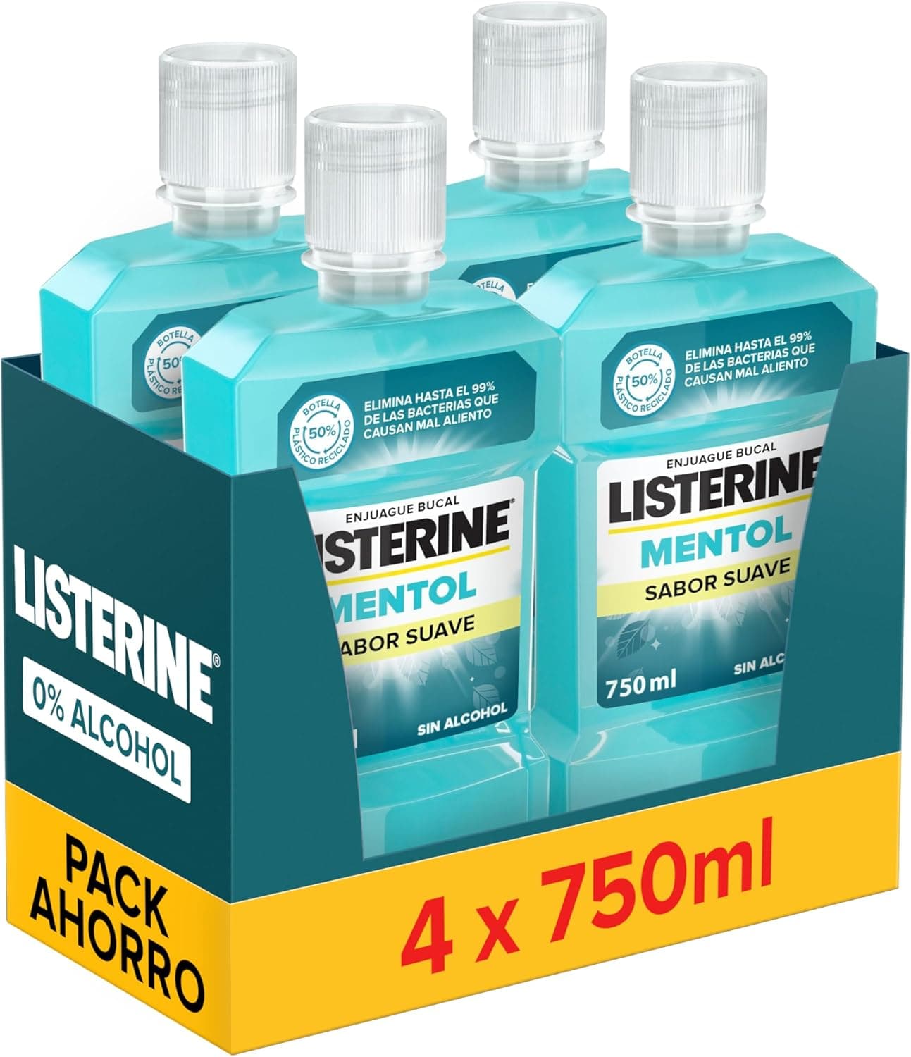 Listerine Mentol Sabor suave (4 x 750 ml), lavagem bucal com flúor, colutório gengivas com 24 h de proteção e 0% álcool, lavagem bucal sem álcool para uma respiração fresca