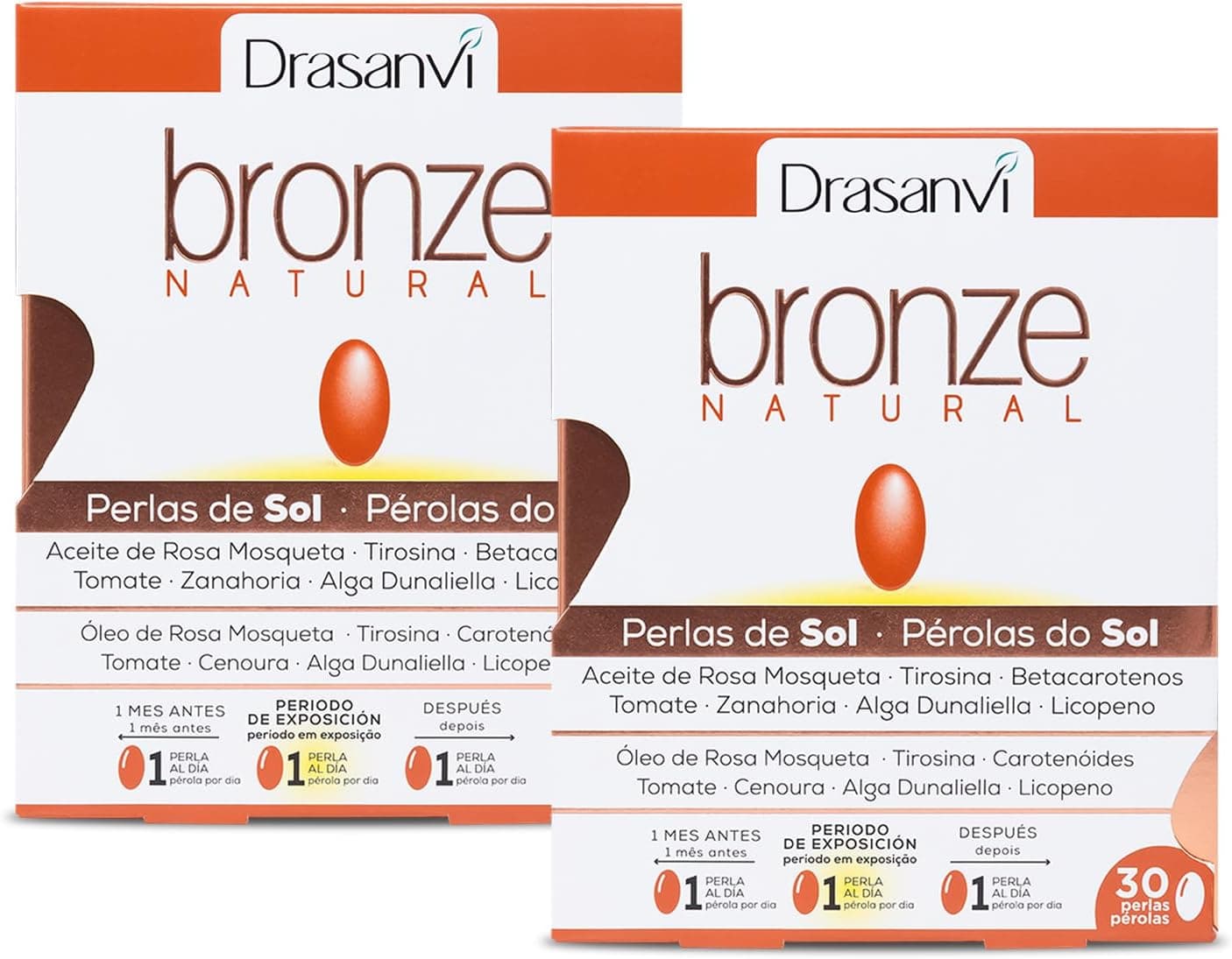 Drasanvi BRONZE Acelerador de bronzeamento, betacarotenos, protege a pele contra raios UVA e evita o envelhecimento, rosa mosqueta, tomate, cenoura e algas dunaliella, Vit. E, licopeno, luteína