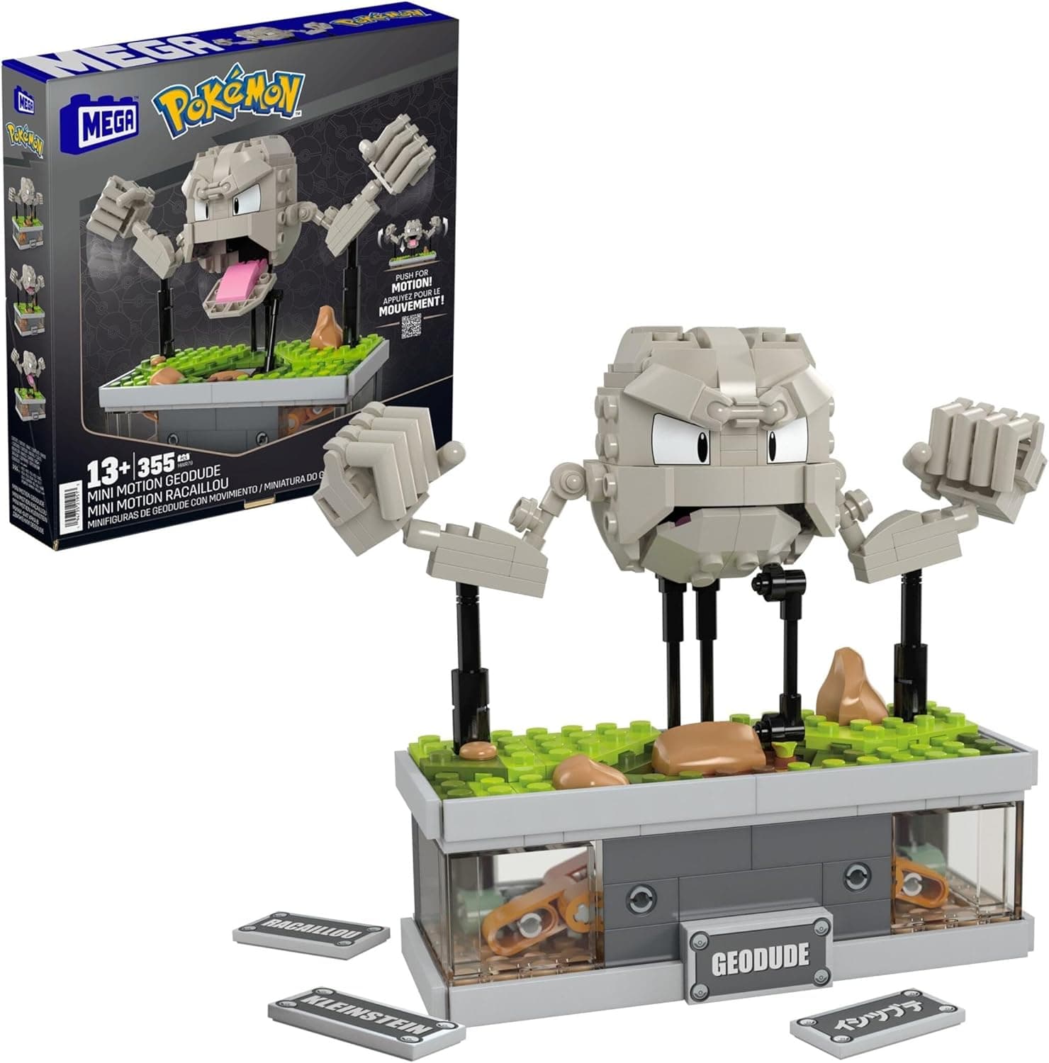 MEGA Pokémon Mini figura Geodude com movimento, conjunto de blocos de construção que se movem ao apertar um botão, 355 peças, brinquedo de coleção para adultos e fãs + 13 anos, HWR79