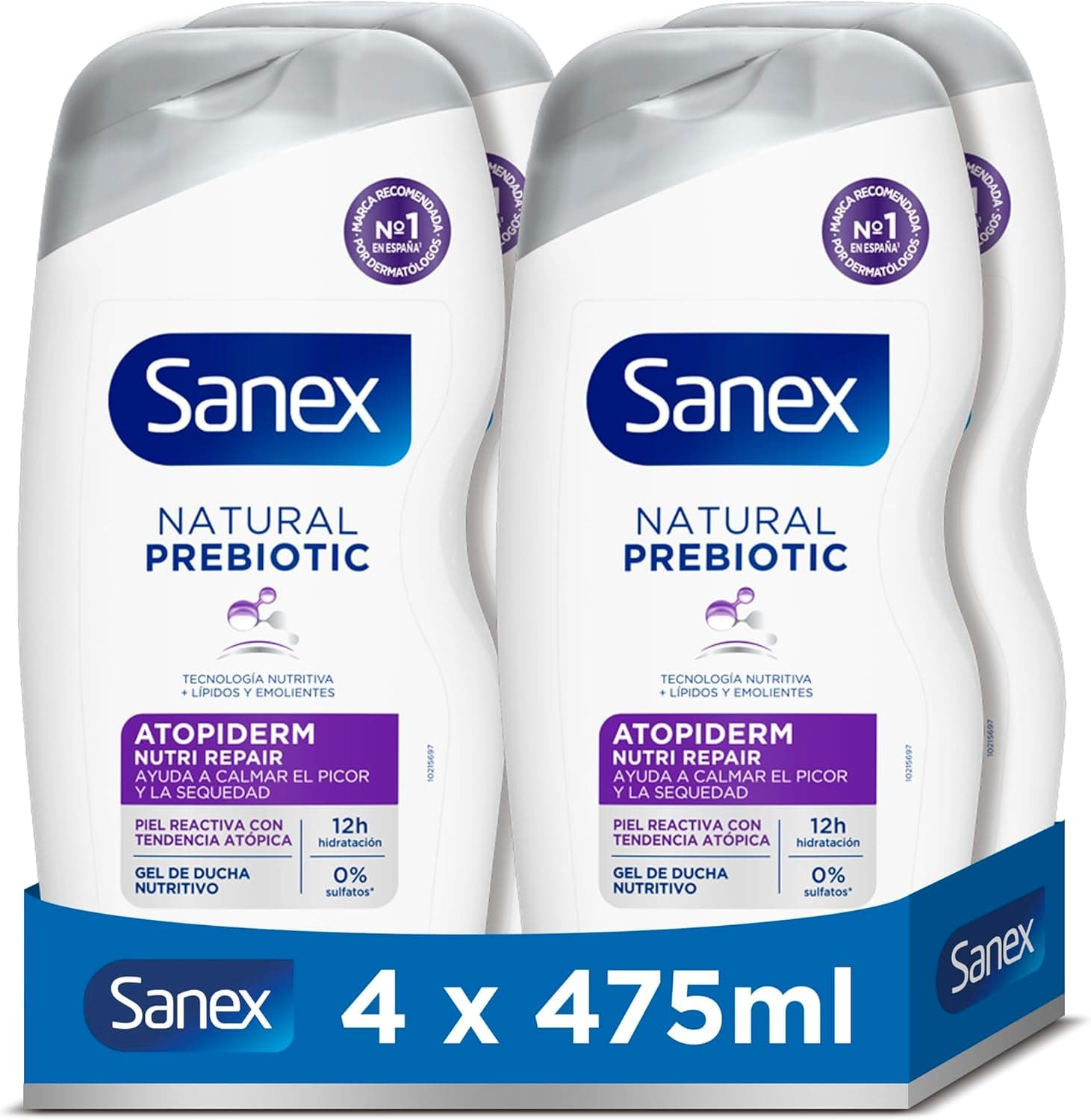 Sanex Natural Prebiotic Atopiderm gel de duche, conjunto de 4 unidades x 475 ml, gel de banho com prebiótico natural de bio Agave, hidratação 12 H, 92% de origem natural, sem sulfatos SLS