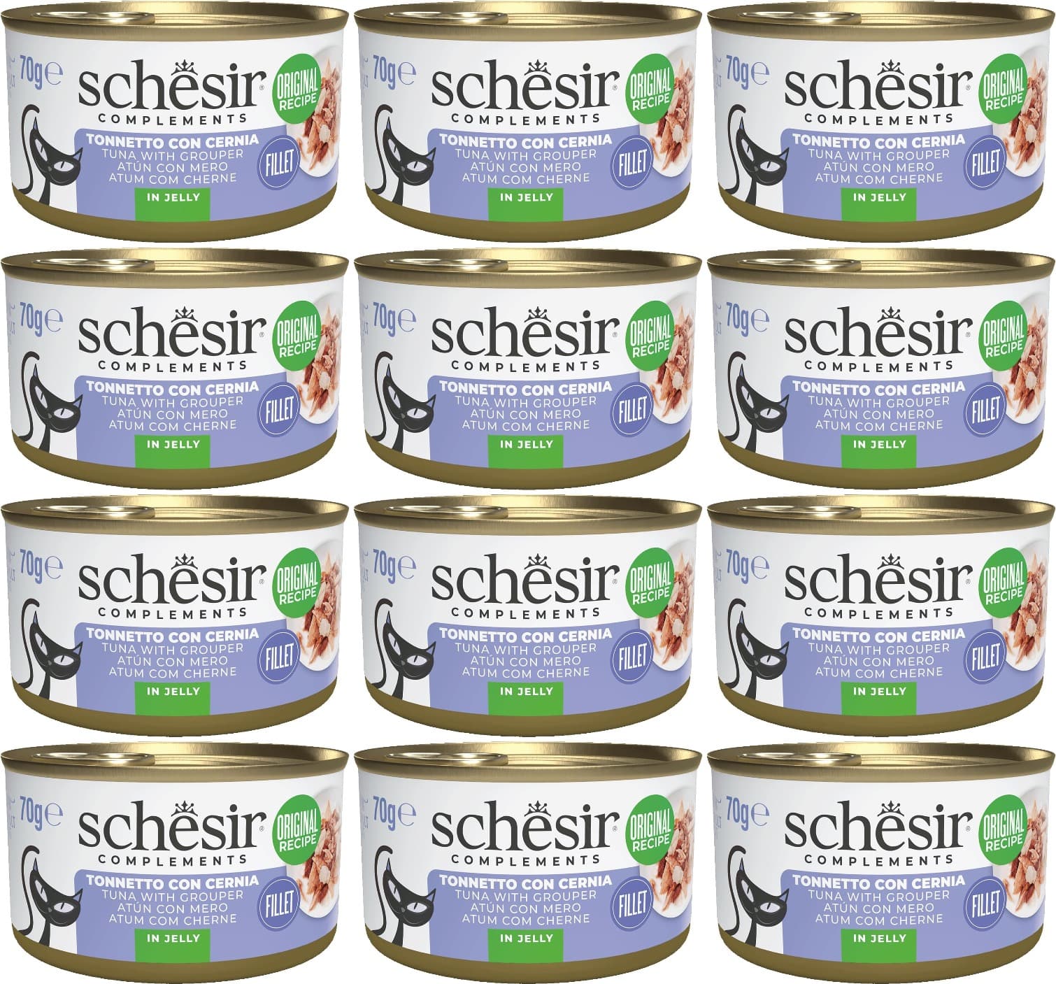 Schesir, Filetes de atum com garoupa em gelatina, comida húmida complementar para gatos, em latas, receita original, 100% natural, 12 x 70 g