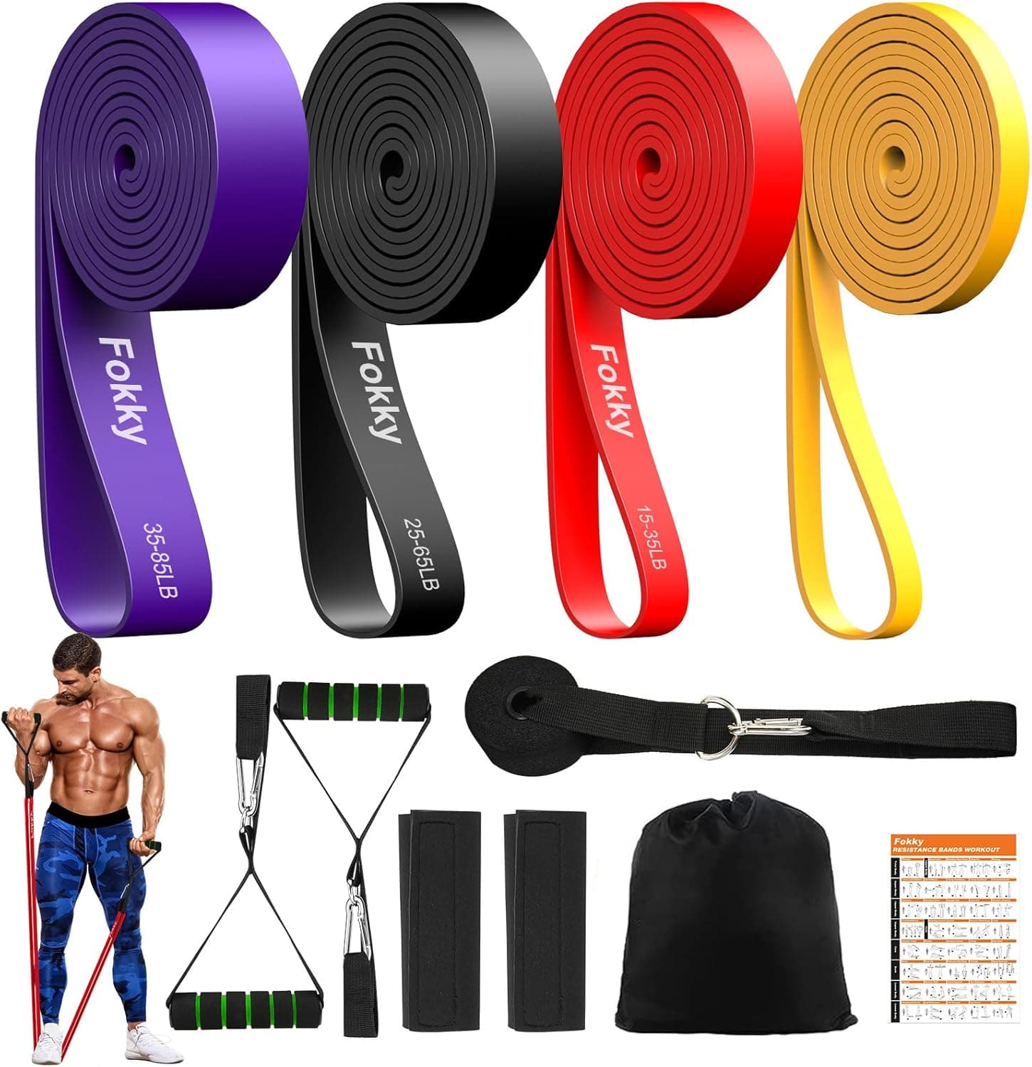 Fokky Borrachas elásticas para músculos, bandas elásticas com 4 níveis de resistência, bandas elásticas de musculação com âncora de porta, alças, capa protetora, para treino de força / fitness / ioga