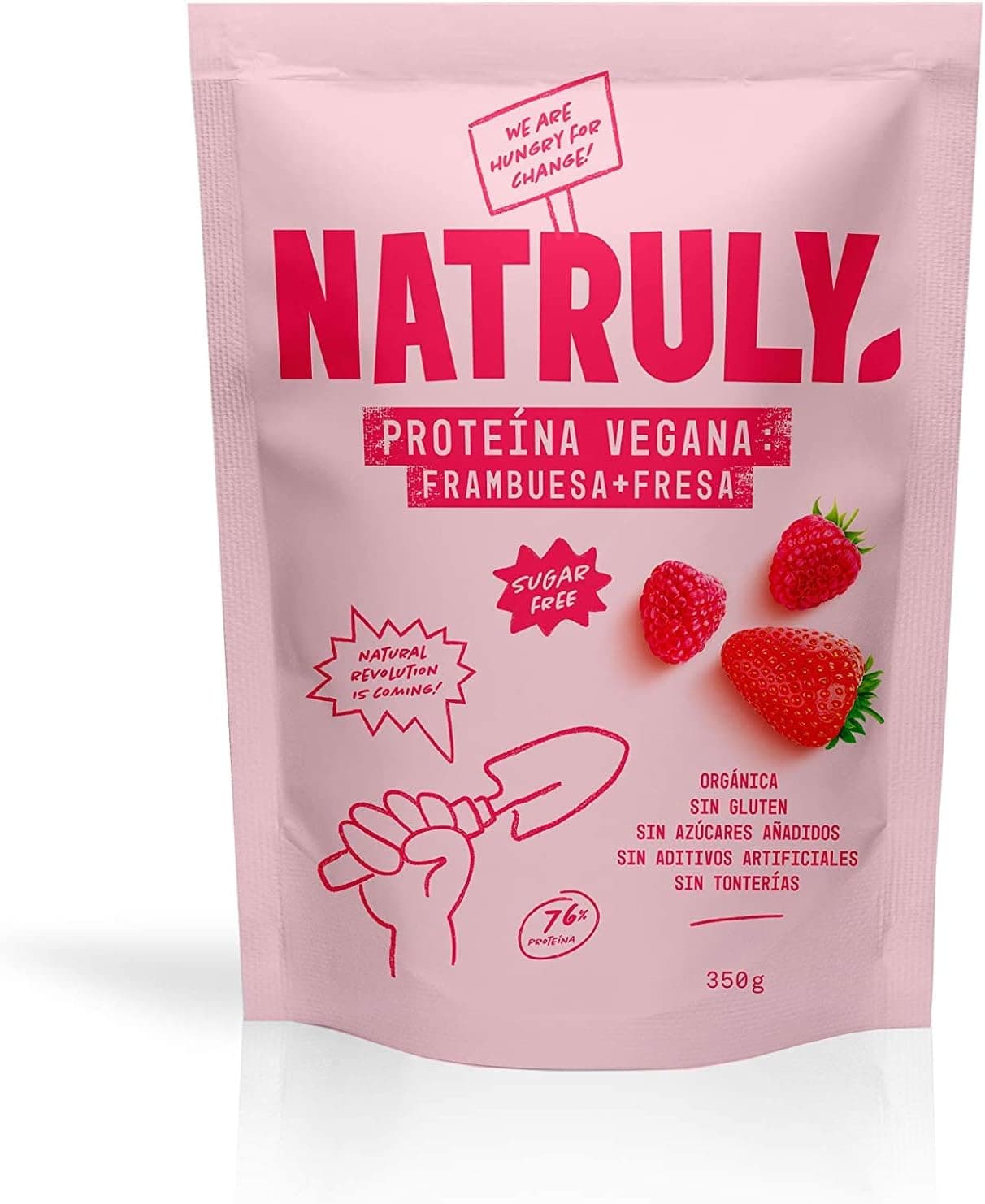 NATRULY Proteína vegana BIO morango e framboesas, 76% de proteína, 100% natural sem açúcar, sem glúten, sem lactose, sem soja - 350 g