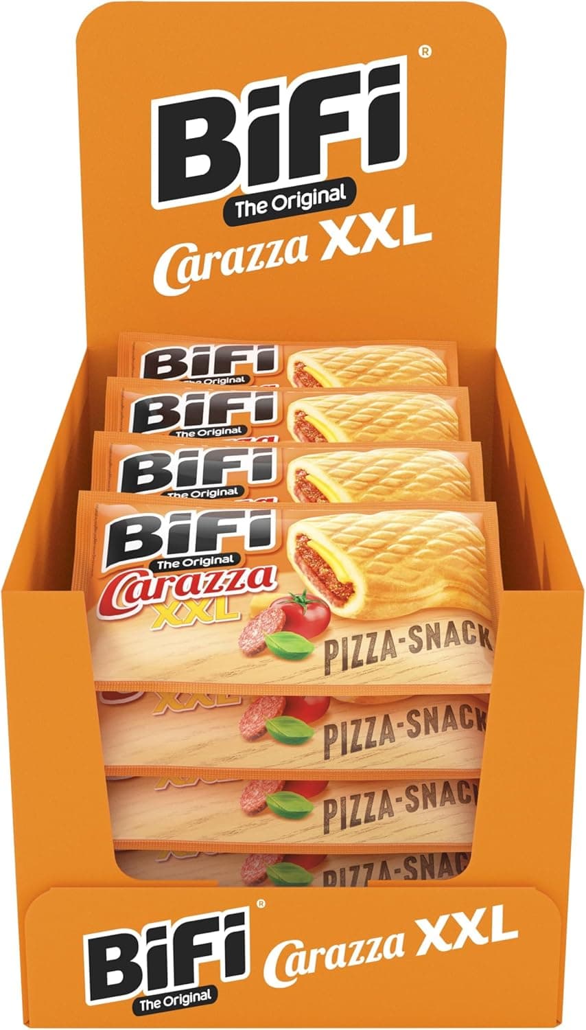 BiFi Carazza original XXL, aperitivos de pizza, pack de 16 saquetas (75 g cada), minipizzas para transportar, para viagens, escritório e pausa do meio-dia, com salame, molho de pizza e queijo