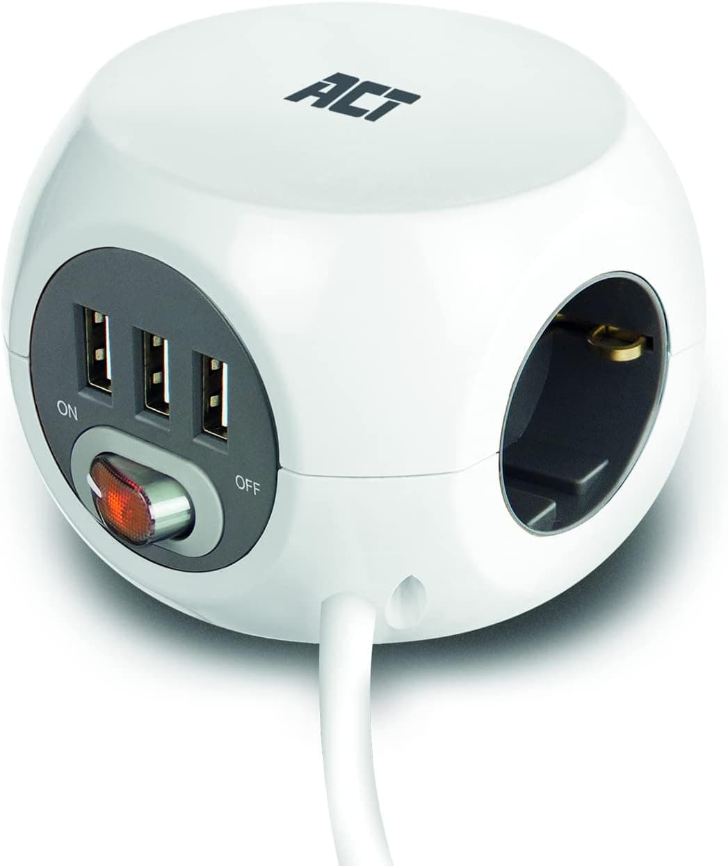 ACT Power Cube | Extensão elétrica com 3 tomadas e 3 portas USB-A com interruptor e cabo de 3 m