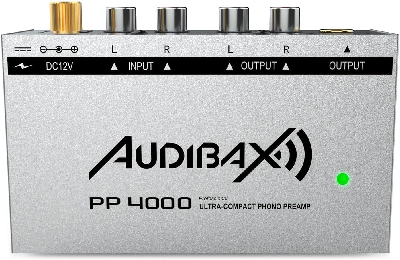 Audibax PP4000 Silver - Pré-amplificador prévio de Phono RIAA para gira-discos - interruptor ON/Off - adaptador de corrente 12 V DC - Preamp de áudio estéreo Hi-Fi para giradiscos - conector RCA