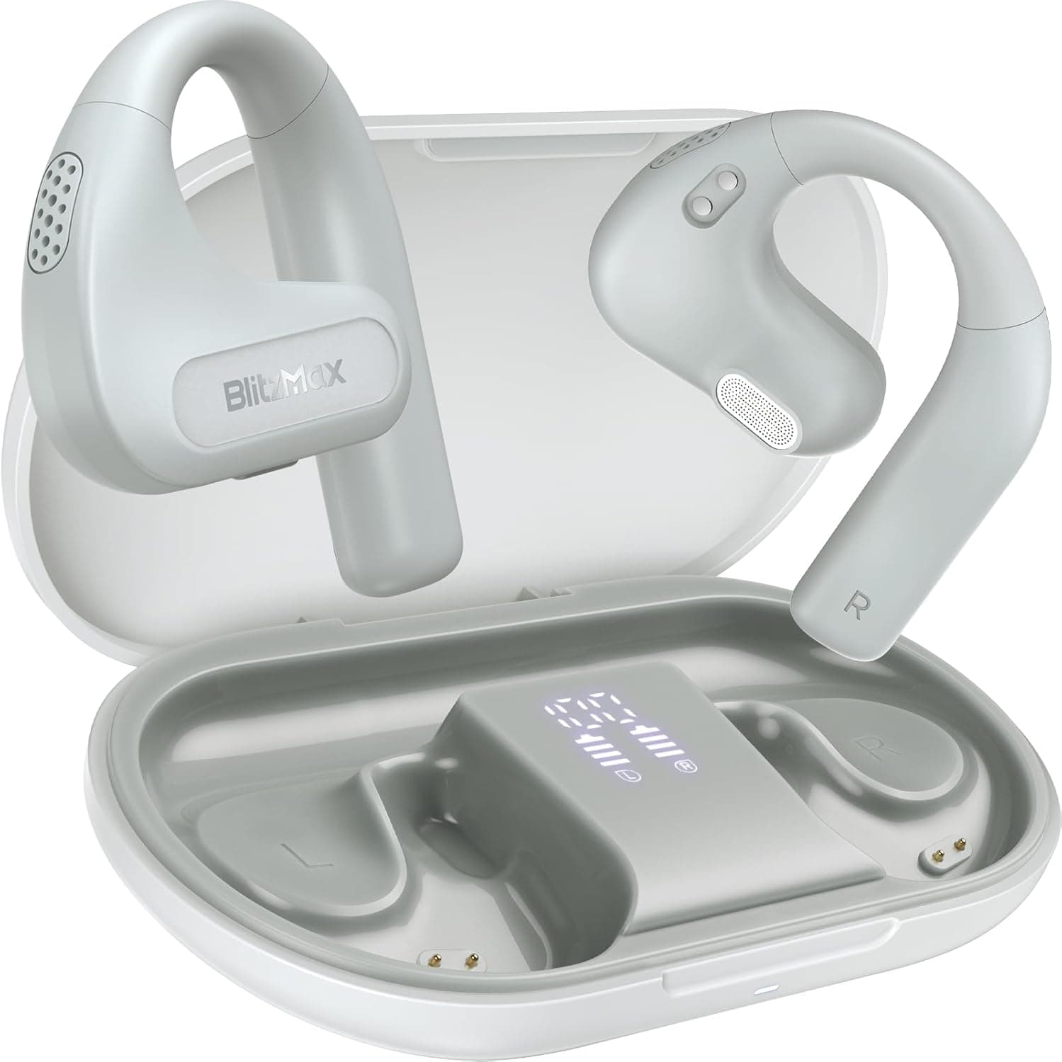 BlitzMax Auriculares de ouvido aberto, auriculares sem fios Bluetooth 5.3, graves melhorados, controladores de 16,2 mm, conforto duradouro, ecrã LED de 60 horas de reprodução, IPX5 impermeável