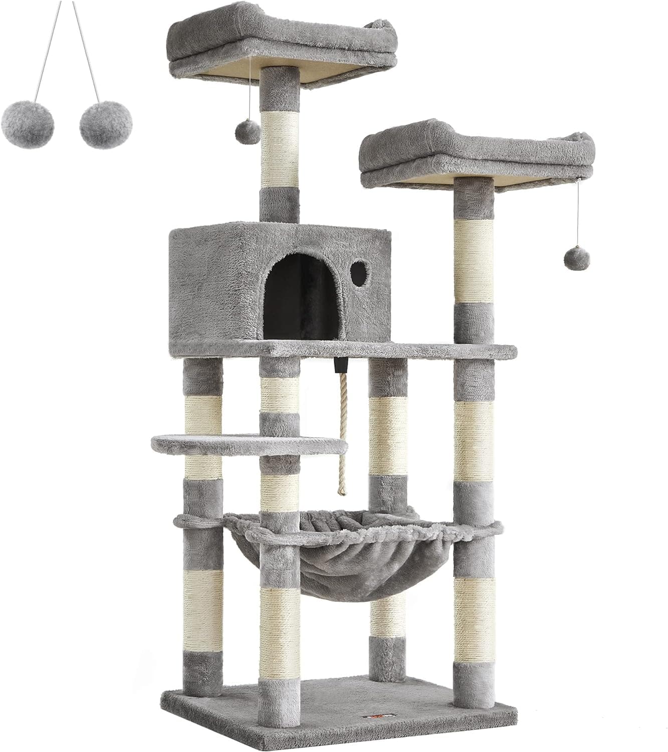 Feandrea Árvore para gatos de altura 143 cm, torre para gatos, com 11 postes de arranhões, 2 plataformas, 1 gruta, 1 rede, 2 pompões, tecido de pelúcia, multível, cinzento claro PCT15W
