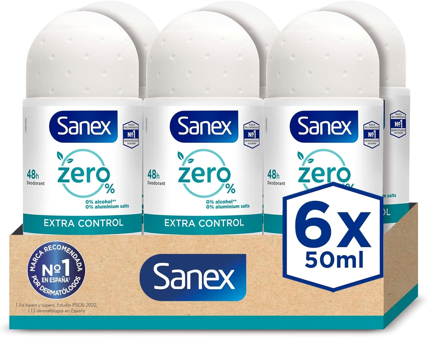Sanex Zero % Extra controlo desodorizante Roll-On, 50 ml, proteção 48 H, 0% álcool, 0% sais de alumínio, cuidado e mantém a pele saudável, inibe a formação de odores corporais PACK DE 6