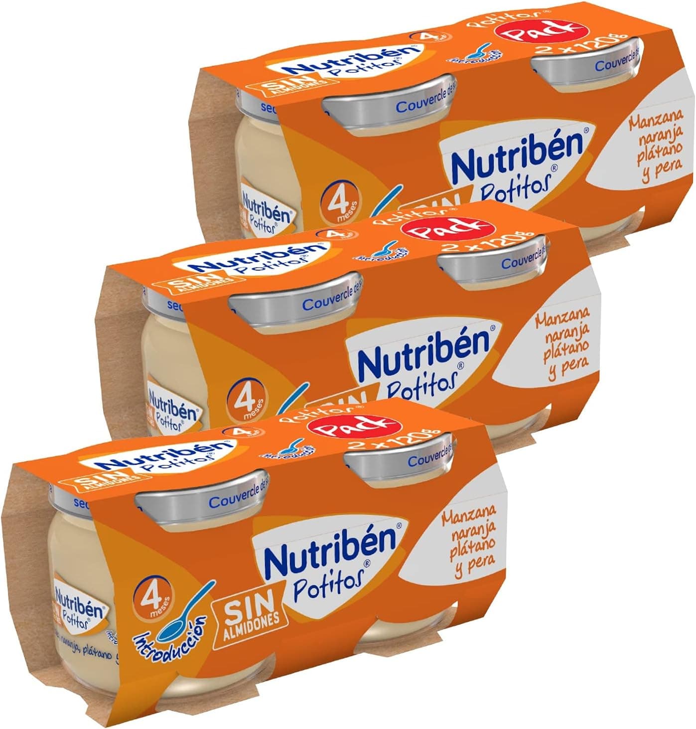 Nutribén Pacote de lanches, introdução à maçã, laranja, banana e pêra, sem amido, a partir dos 4 meses, 3 bipacks (6 x 120 g)