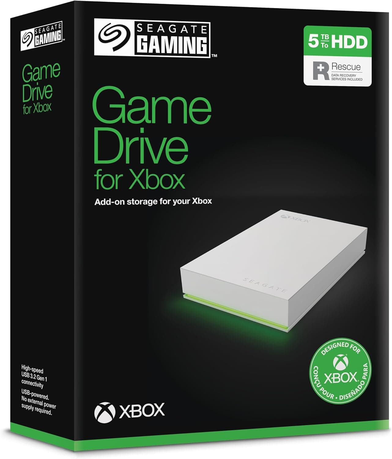 Seagate Game Drive Xbox 5TB Disco rígido externo portátil, 2,5 polegadas, USB 3.0, Xbox, branco, 2 anos de serviço de resgate, STKX5000100