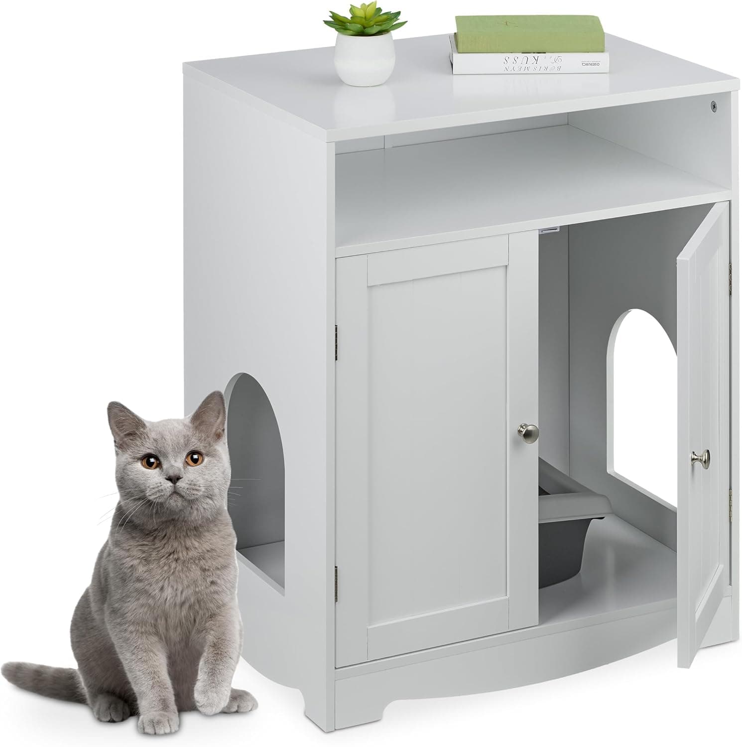 Relaxdays Armário de areia de gato, armário com 2 entradas, compartimento aberto, 73,5 x 60 x 43,5 cm, abrigo, branco, placa de fibras
