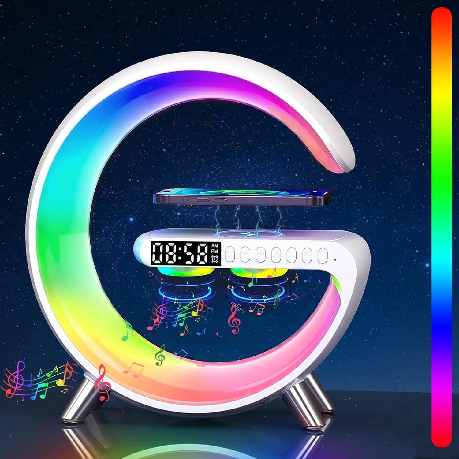 Devenirriche | Candeeiro de mesa LED RGB portátil com coluna Bluetooth, carregamento sem fios e controlo por app