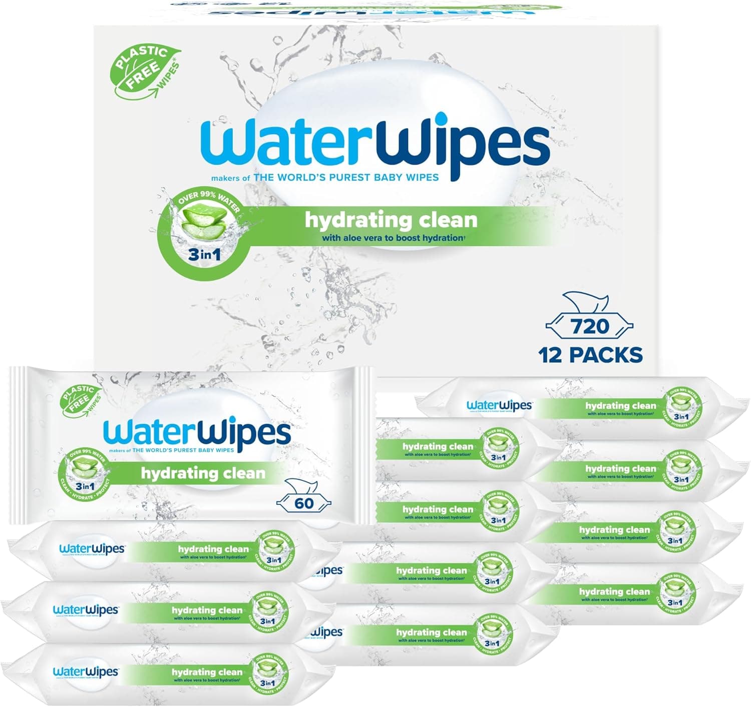 WaterWipes Limpeza hidratante toalhetes para bebé, 720 toalhetes (12 pacotes), com 99% de água e extrato de aloé verera, toalhetes húmidos para rosto e corpo