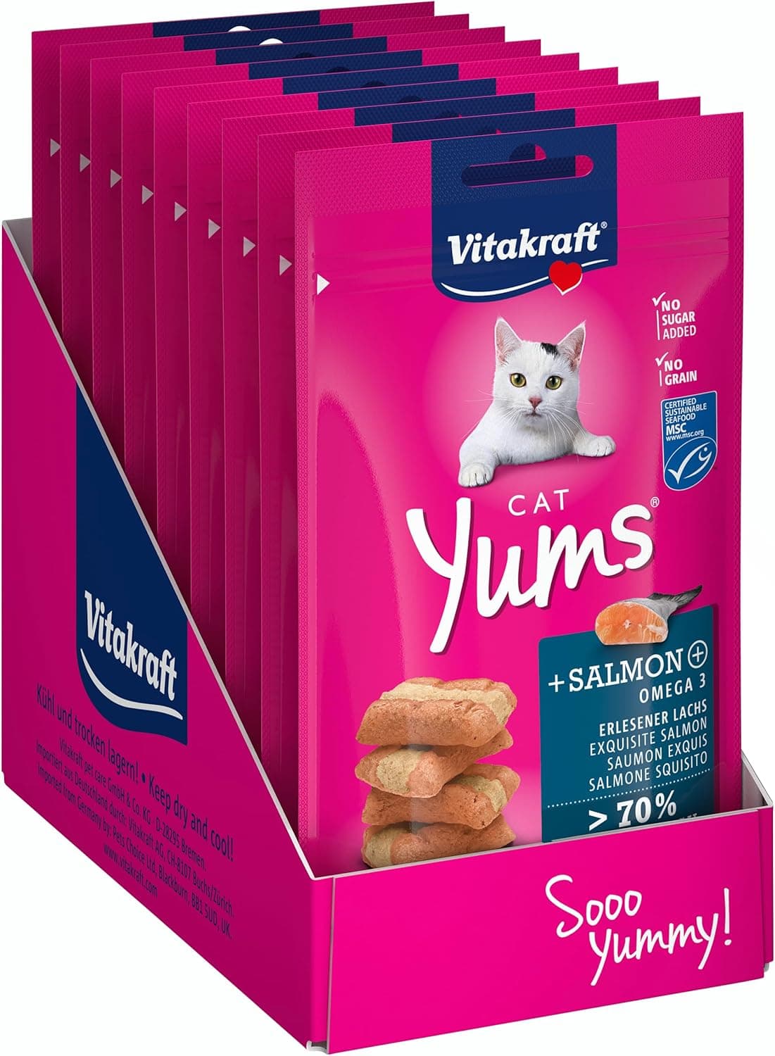 Vitakraft - Cat Yums, Snack suculento para gatos com salmão e ômega 3, embalagem de 9 x 40 g