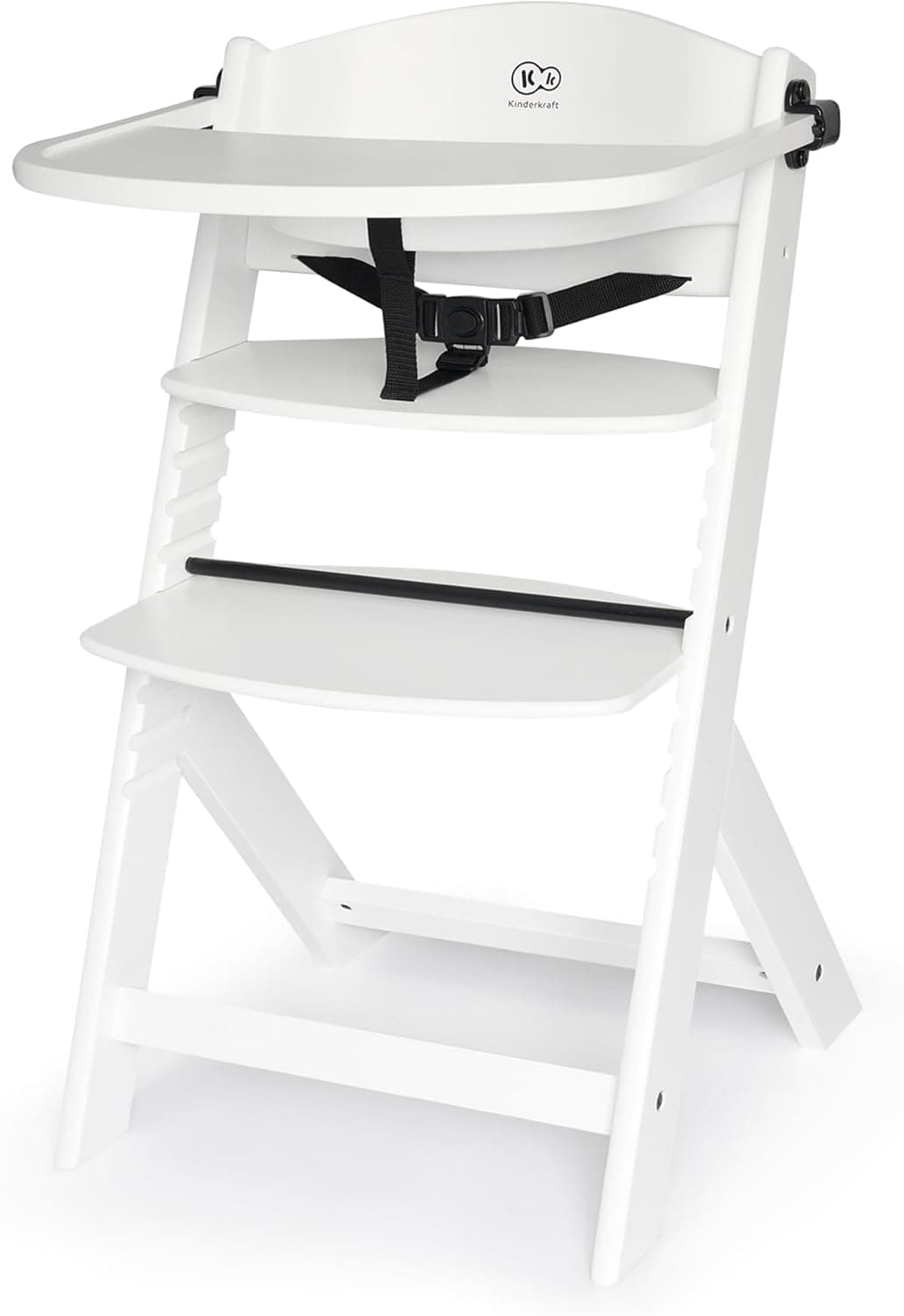 kk Kinderkraft ENOCK Cadeira alta bebé de madeira, portátil, para crianças, cadeira alta infantil, volutiva, ergonómica, com acessórios, barreira e bandeja, branco completo