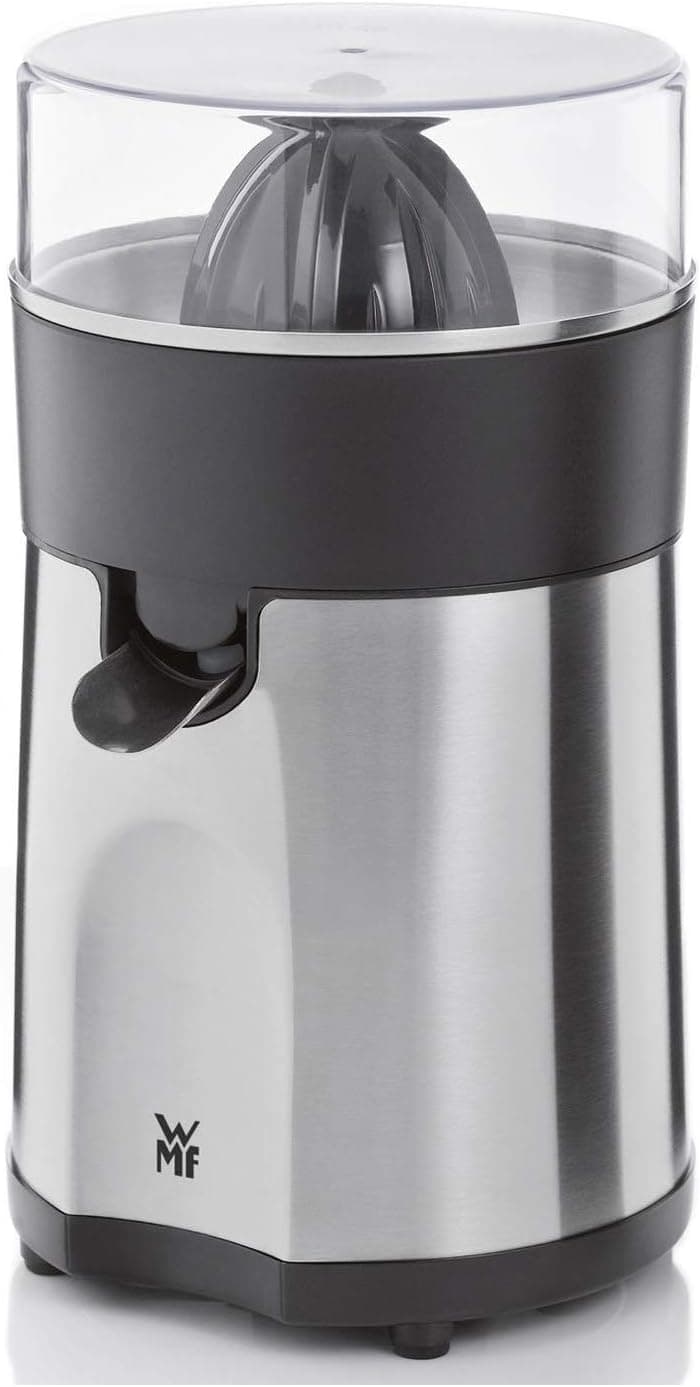 WMF Stelio Espremedor, 85 W, 2 cones intercambiáveis e coador removível de cromargan e fecho anti-gotejamento, adequado para limão, laranja e toranja, aço inoxidável, cromargan
