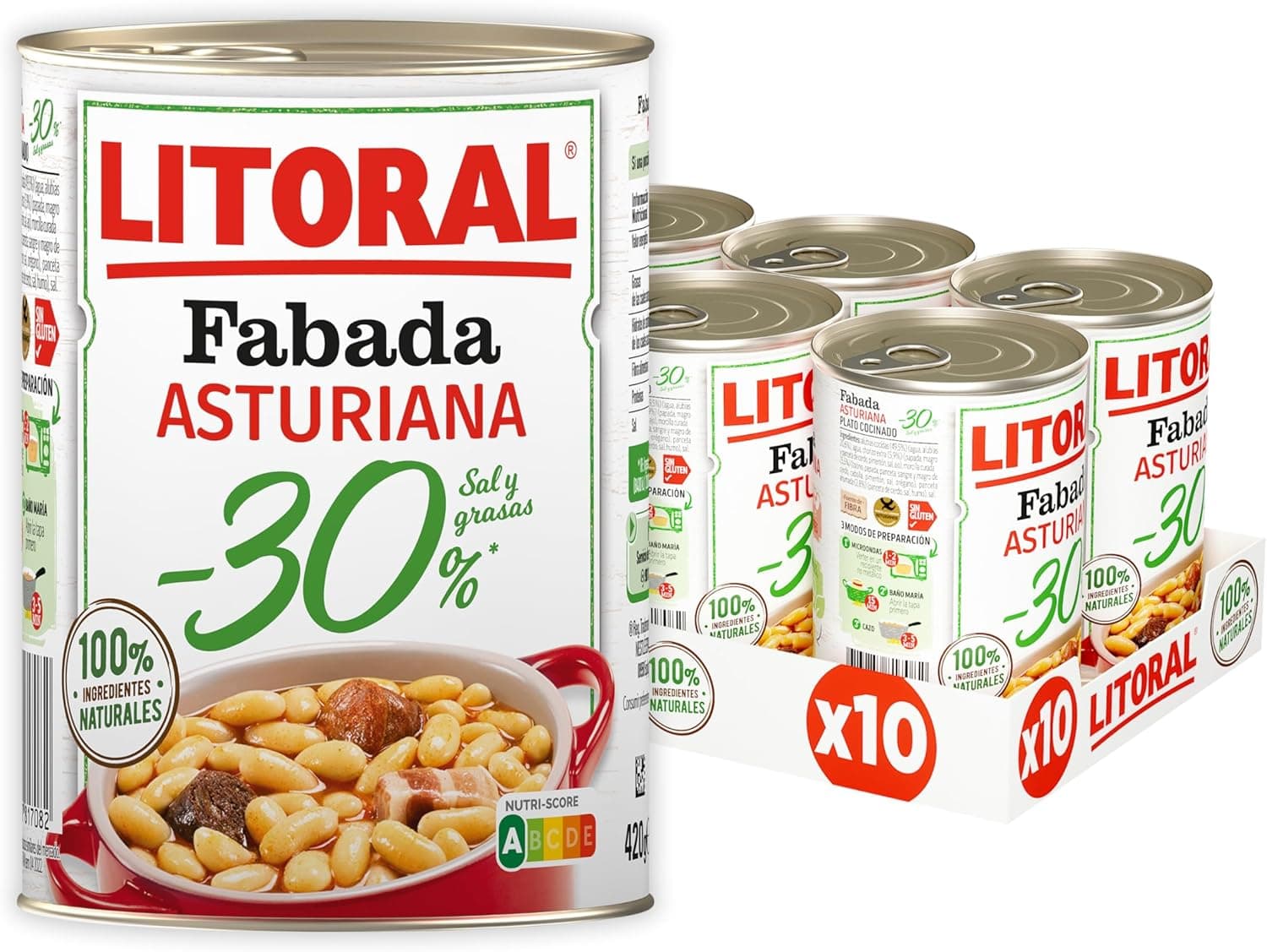 Litoral Fabada Asturiana | Prato pronto sem glúten com menos sal e gordura, pack de 10 latas de 420 g