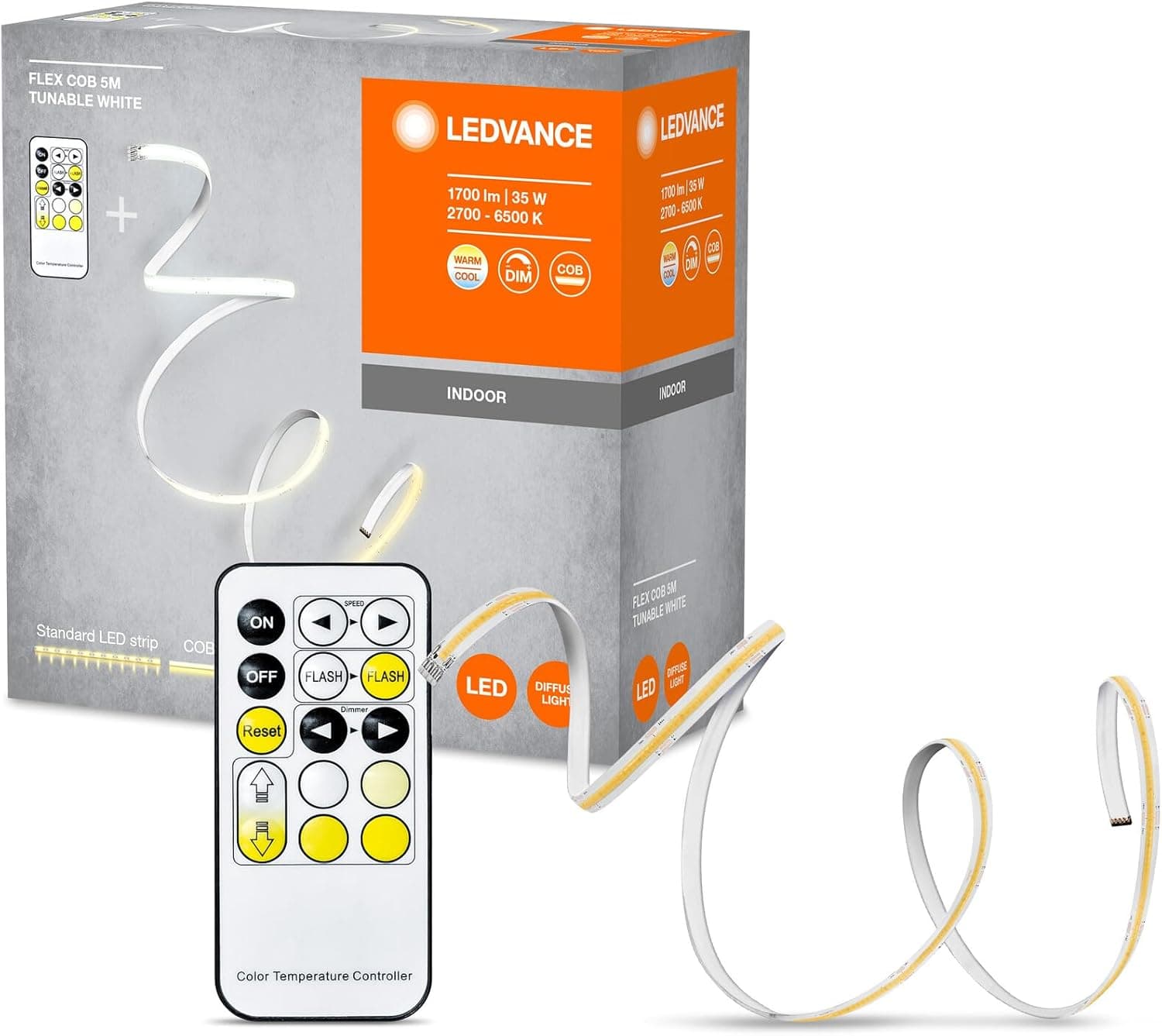 LEDVANCE FLEX COB 5M TW RC, amarela, 30W, 1700lm, controlo de branco quente a frio, tecnologia COB, distribuição homogénea de luz, com controlo remoto, longa duração, fácil instalação