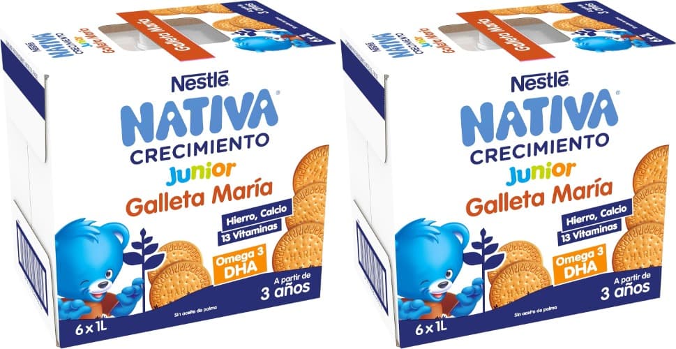 NESTLÉ NATIVA Leite de crescimento JUNIOR bolacha maria, para crianças a partir dos 36 meses, pack de 6 x 2