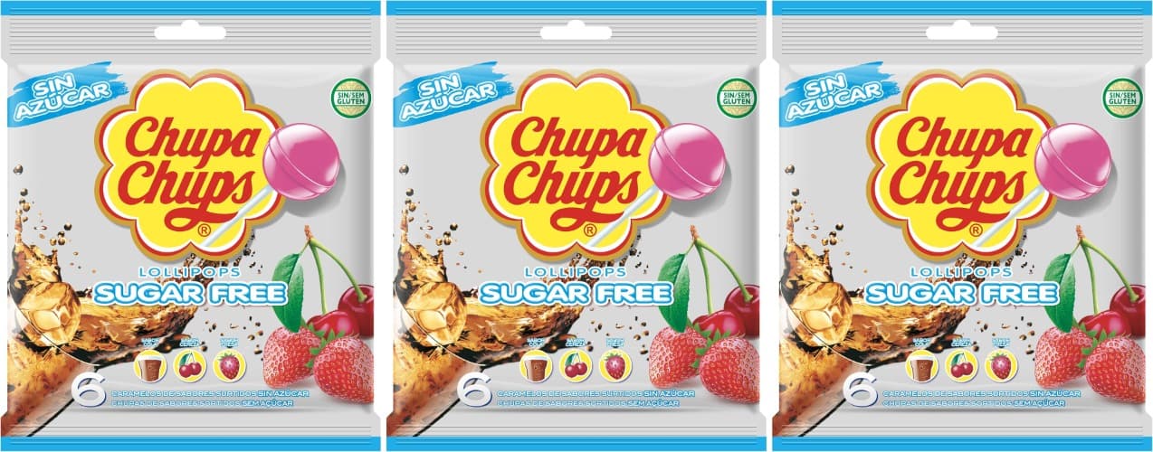 Chupa Chups Sem açúcar caramelo com palitos de sabores variados, 6 x 11 g