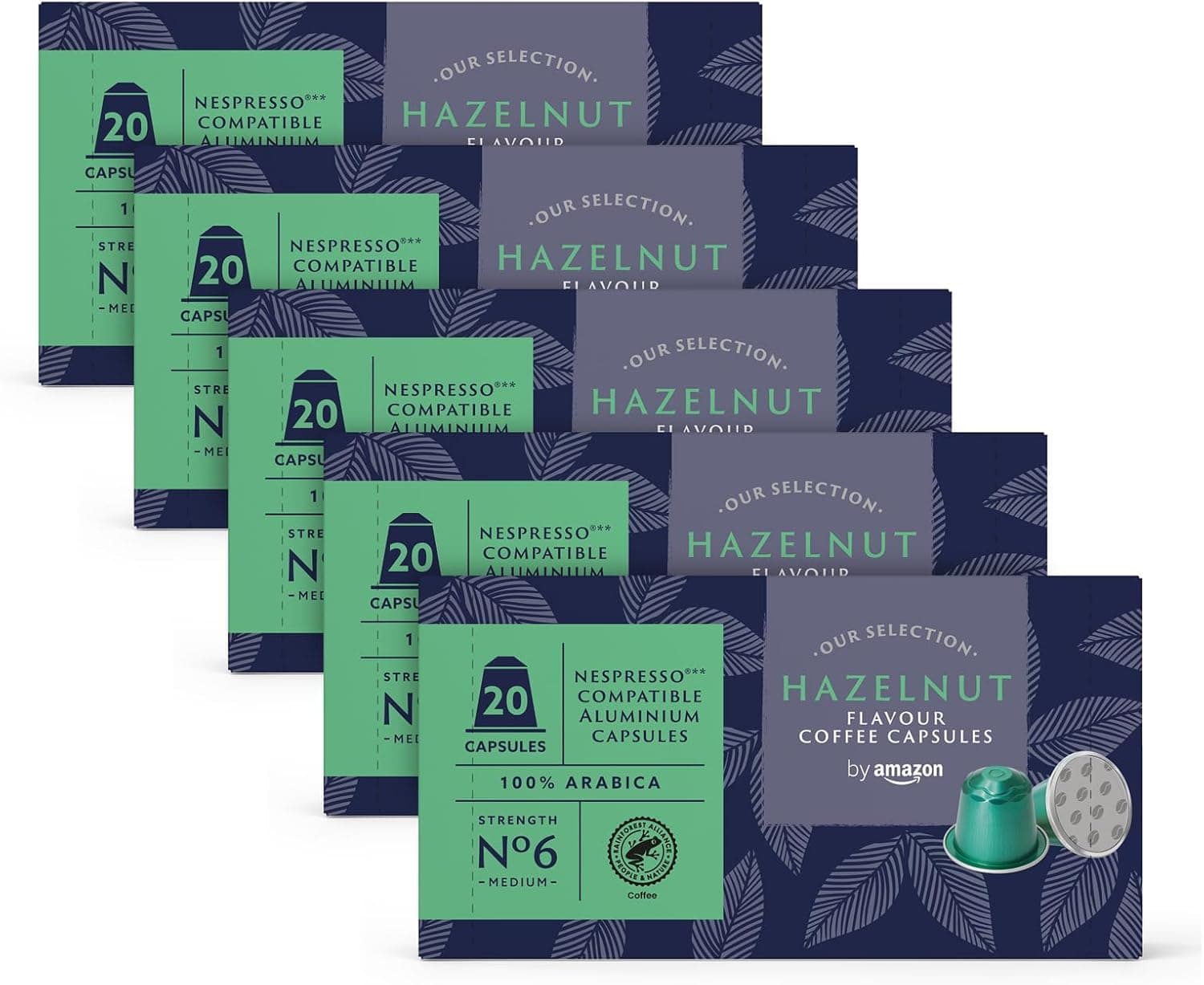 by Amazon Café avelã, cápsulas de alumínio compatíveis com nespresso so, 100 unidades (5 embalagens de 20) - certificado Rainforest Alliance