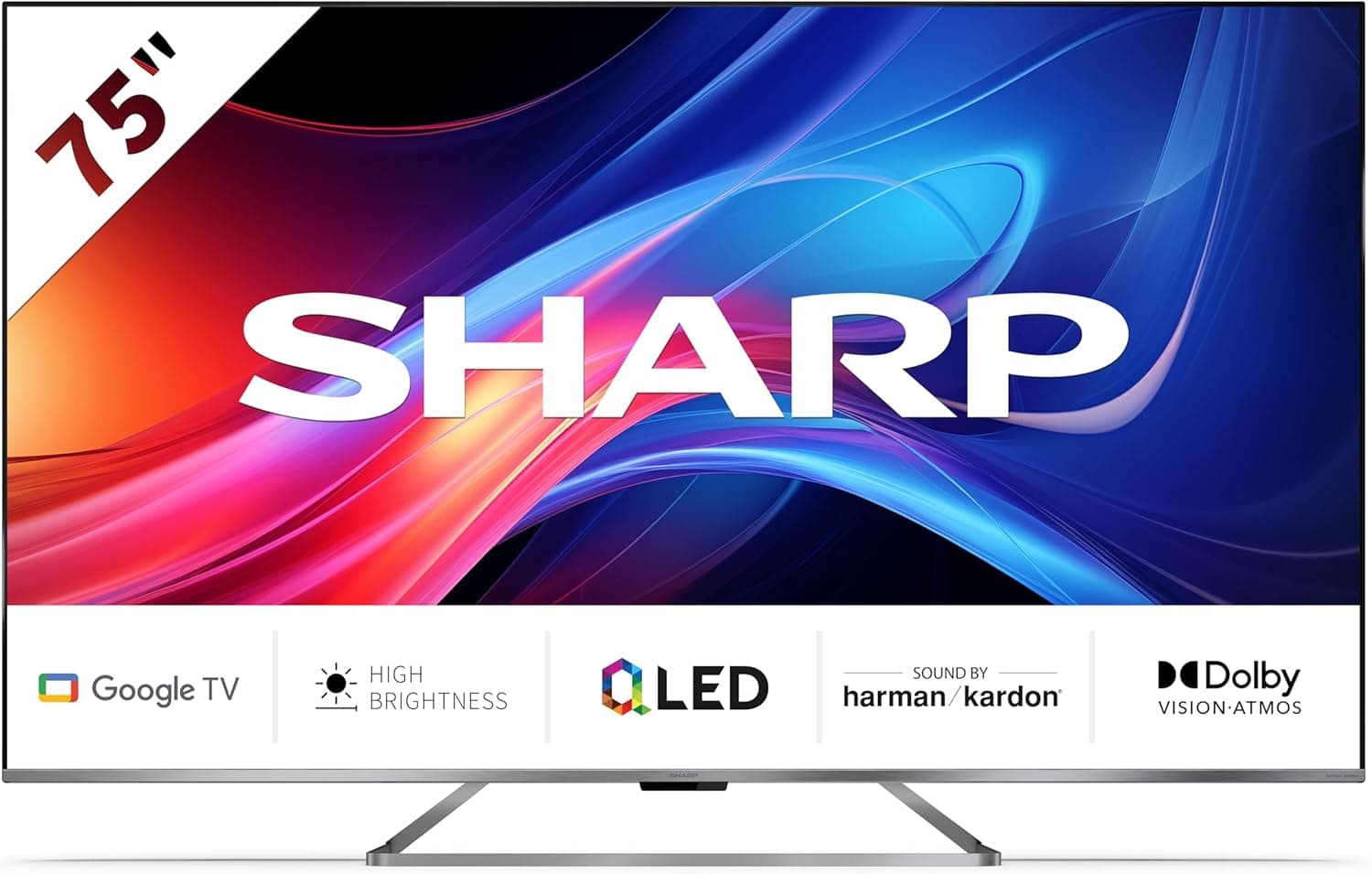 Sharp 75GP7265E Google TV 65" QLED (sem moldura, 4K Ultra HD, 4X HDMI 2.1, 3X USB, Bluetooth), som harman/kardon, Google Assistant, Chromecast, visão Dolby, HDR10, cor titânio
