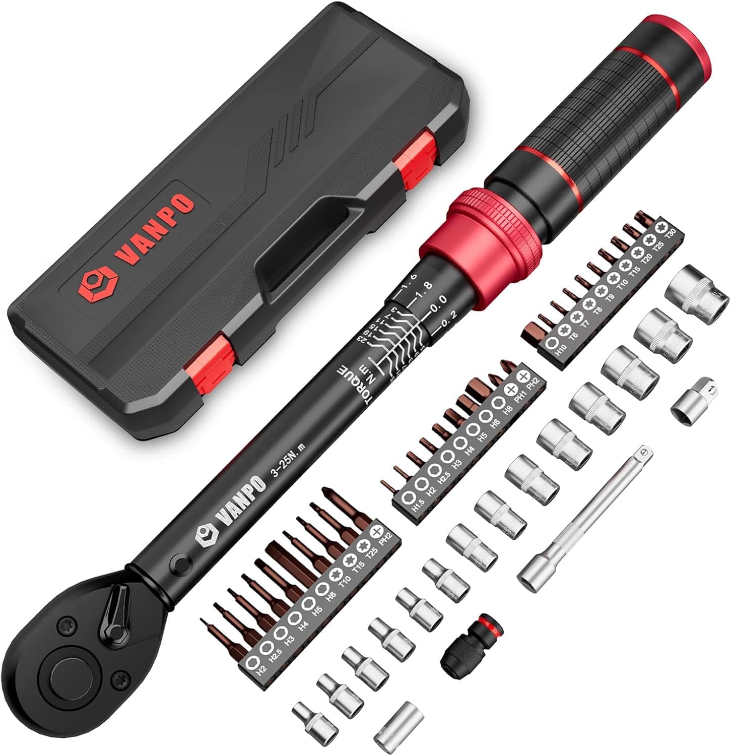VANPO Torque Wrench 1/4'' | Chave dinamométrica ajustável com 49 peças e extensão para bicicleta e mota