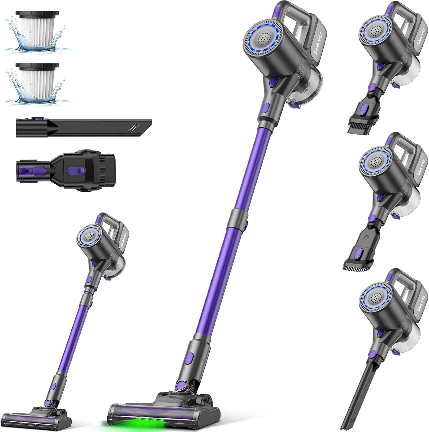 Suirviz U8 Aspirador sem cabos, 40 KPa/35 Mins, aspirador vassoura sem fio com luz verde, aspirador de mão aspirador vertical potente ideal para pêlos de animais de estimação/tapete/chão