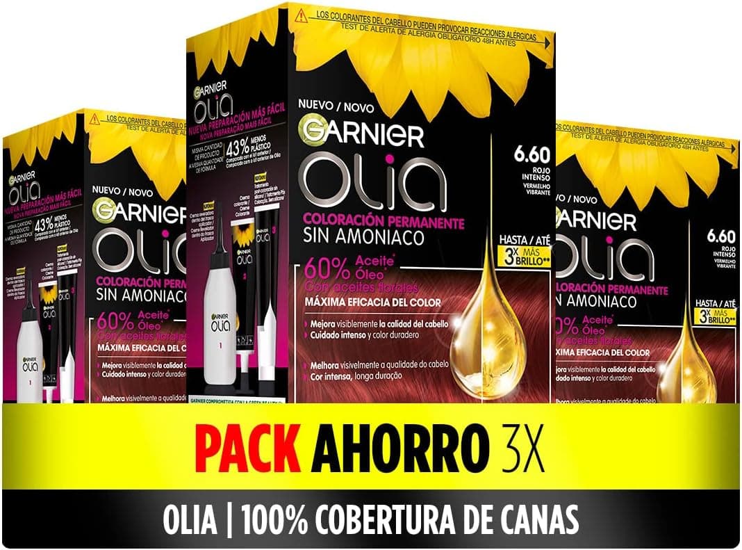 Garnier Olia - Pacote de 3 coloração permanente sem amoníaco para um cheiro agradável com óleos florais de origem natural, cor tom 6,60 bold vermelho intenso