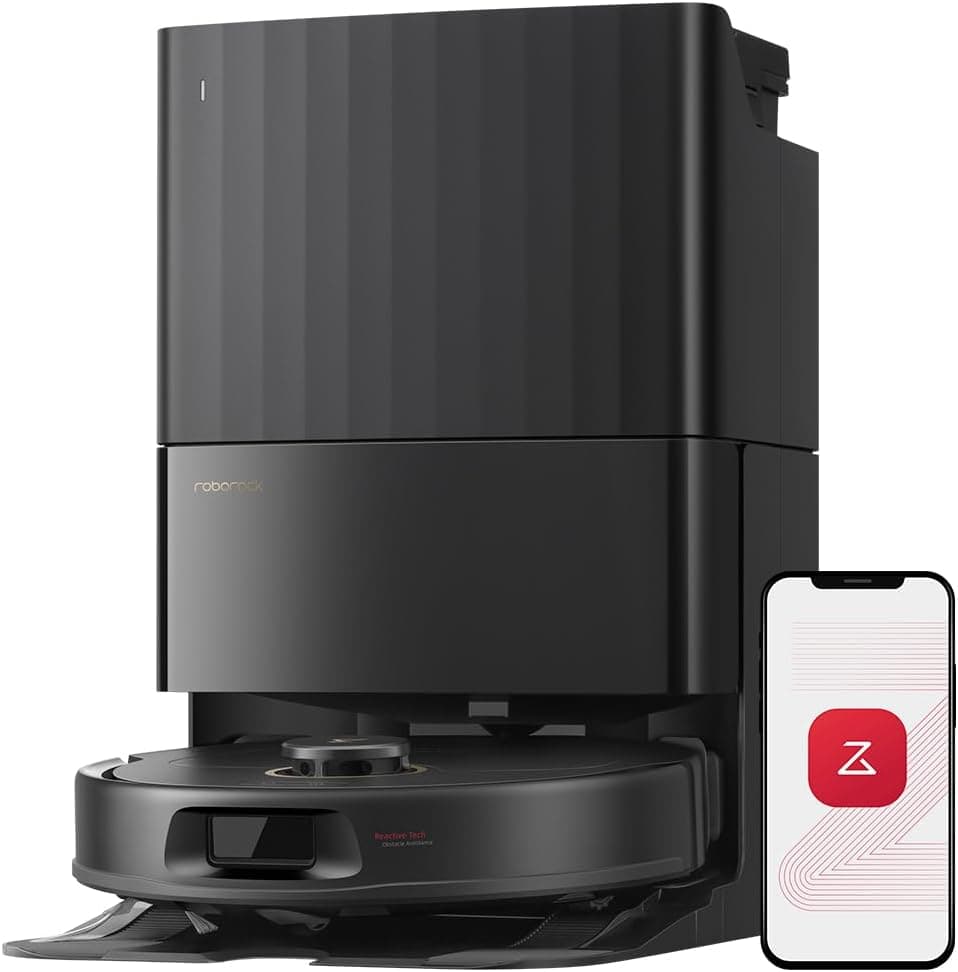 roborock Qrevo S5V Robot aspirador de sucção de 12,000 Pa, escova dupla anti-emaranhados, prevenção inteligente de obstáculos, roupa giratória dupla elevável, auto-esvaziamento e enchimento, preto
