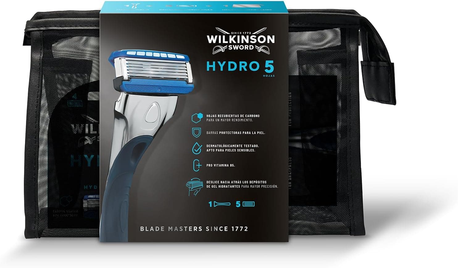 Wilkinson Sword Hydro 5 Skin Protection regular kit de viagem, 1 máquina de barbear recarregável de 5 folhas para homens e 5 peças sobressalentes de lâminas de barbear, secador de casa de banho