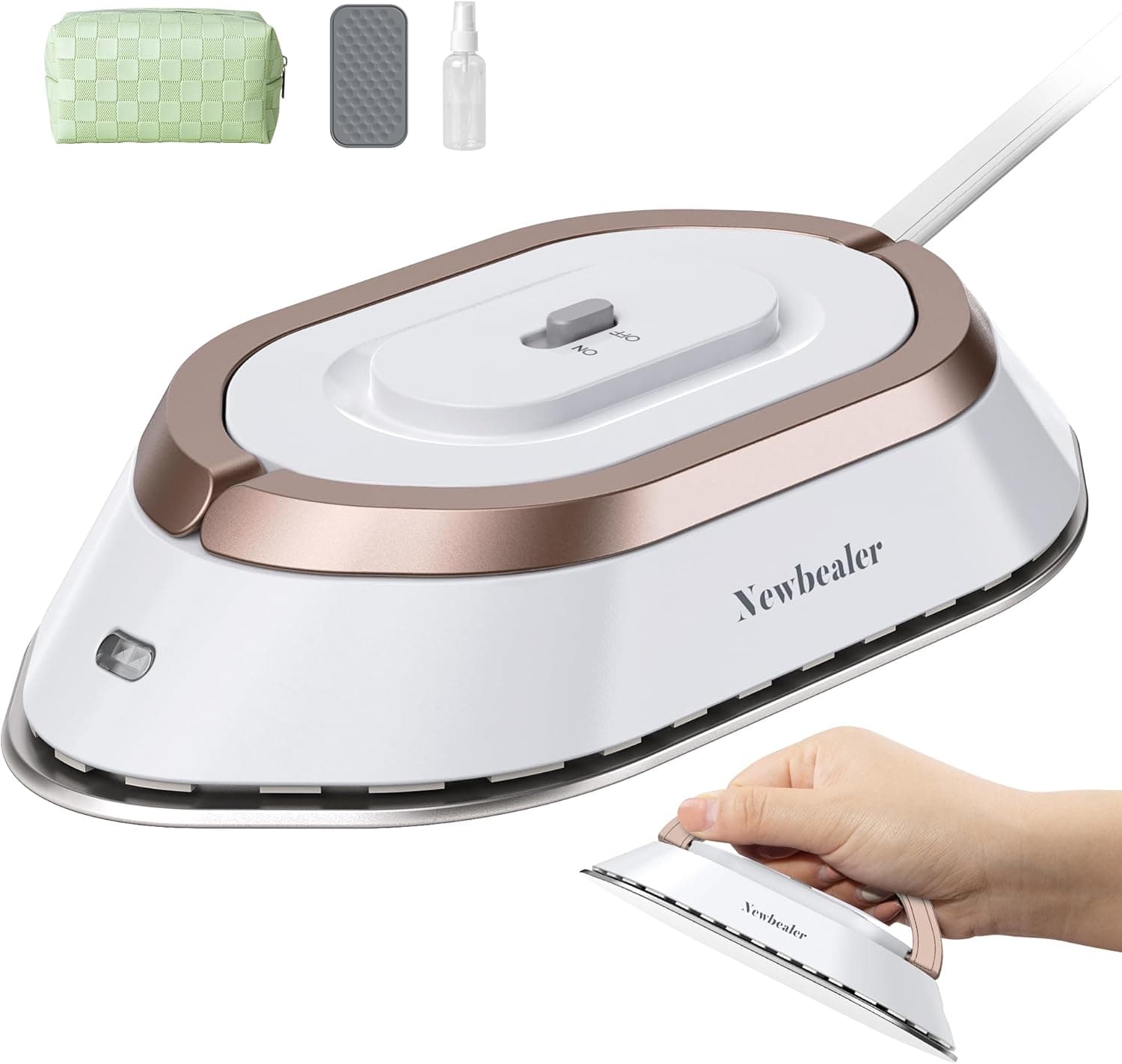 Newbealer Ferro de viagem para roupa, ferro de pequena voltagem dupla 100 V - 240 V, leve e compacto sem vapor com sola de cerâmica anti-aderente, bolsa de transporte, ouro
