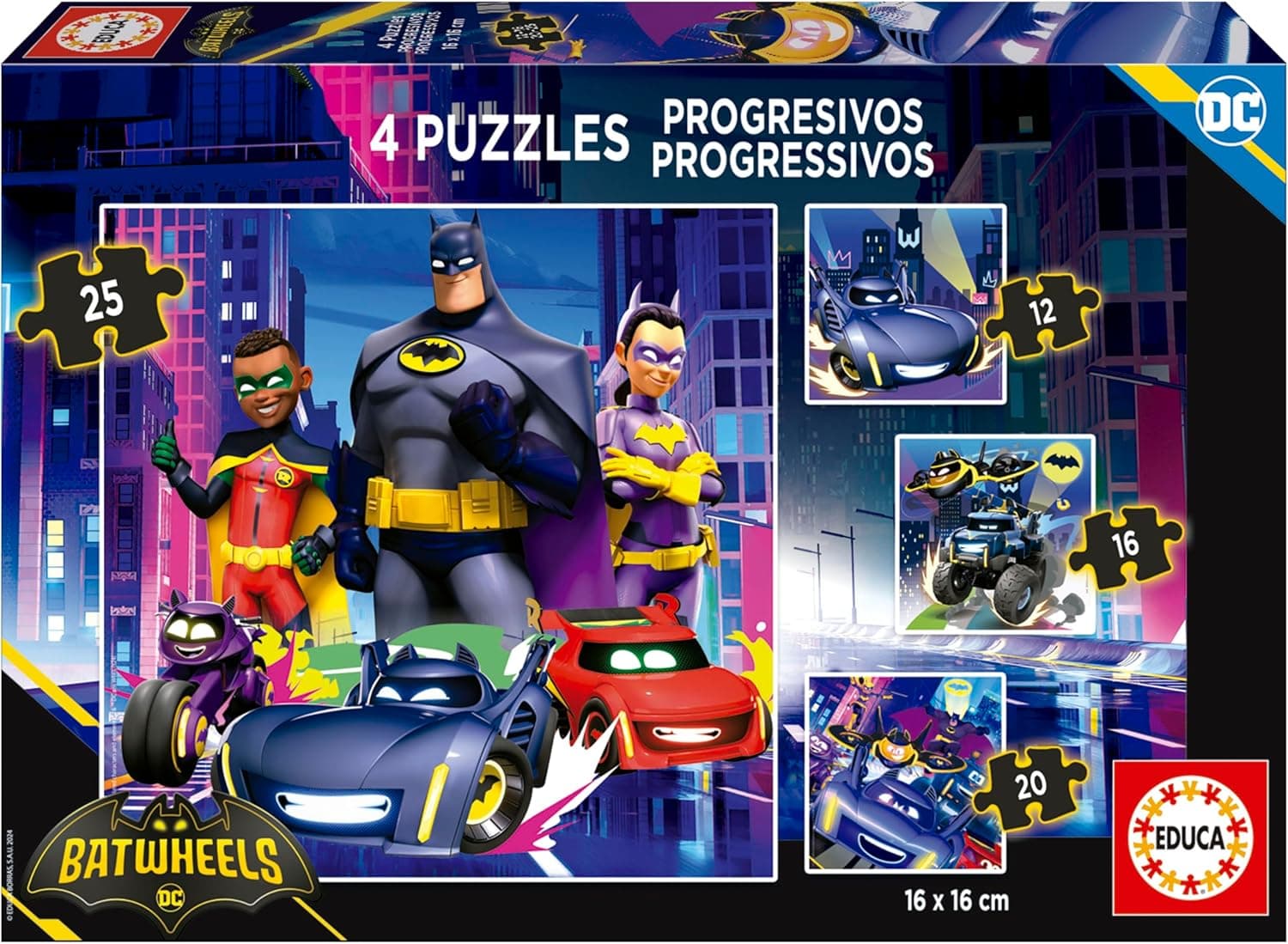 Educa - 4 puzzles progressivos infantis de 12-16-20-25 peças cada, Batwheels meninos e meninas a partir de 5 6 7 8 anos (20105)