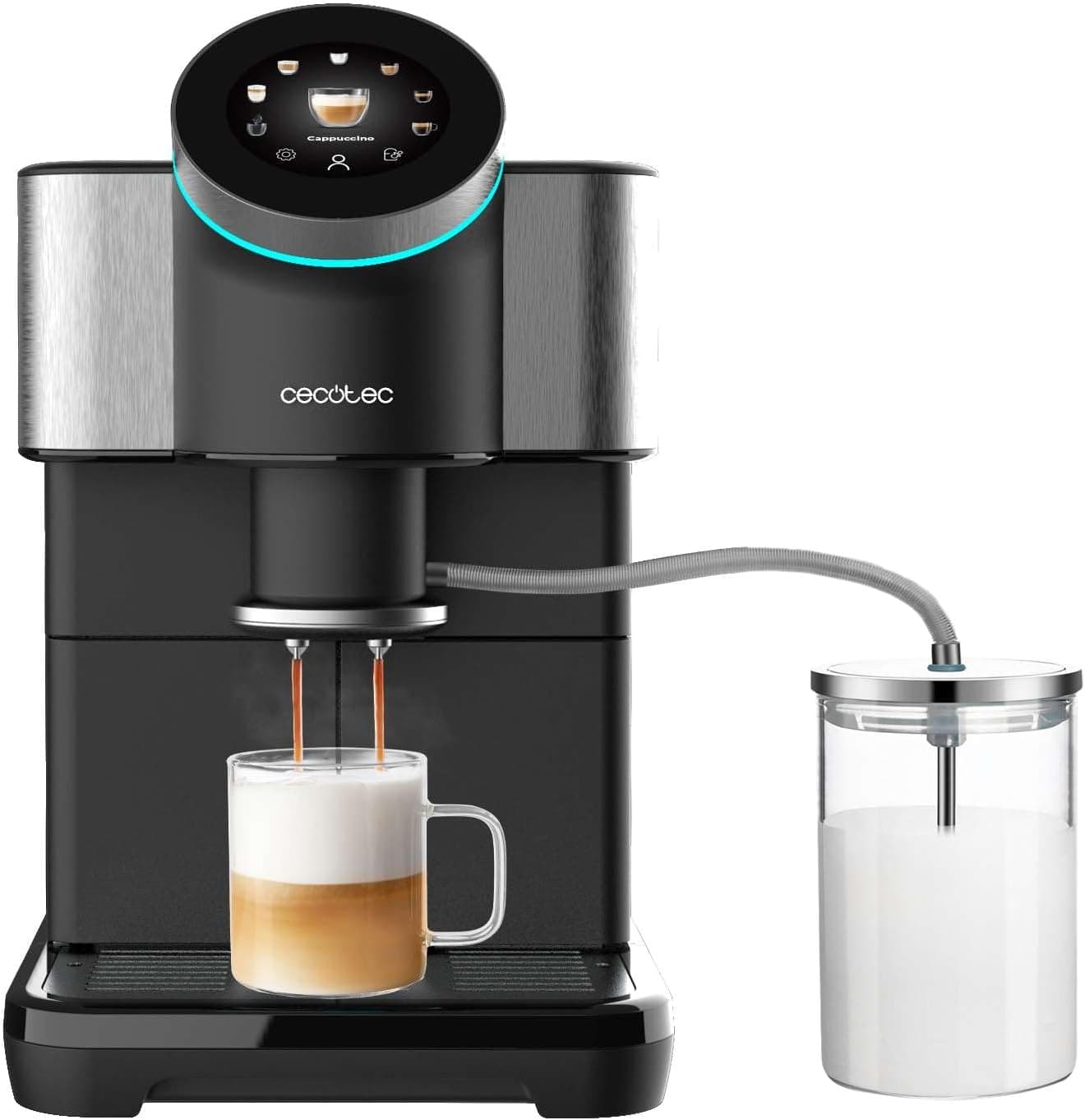 Cecotec Cafeteira super automática Touch Cremmaet Spin. 1450 W, 19 bares, ecrã TFT, sistema Thermoblock, limpeza automática, depósito de 290 g de café em grão, 1,5 l de água e 600 ml de leite
