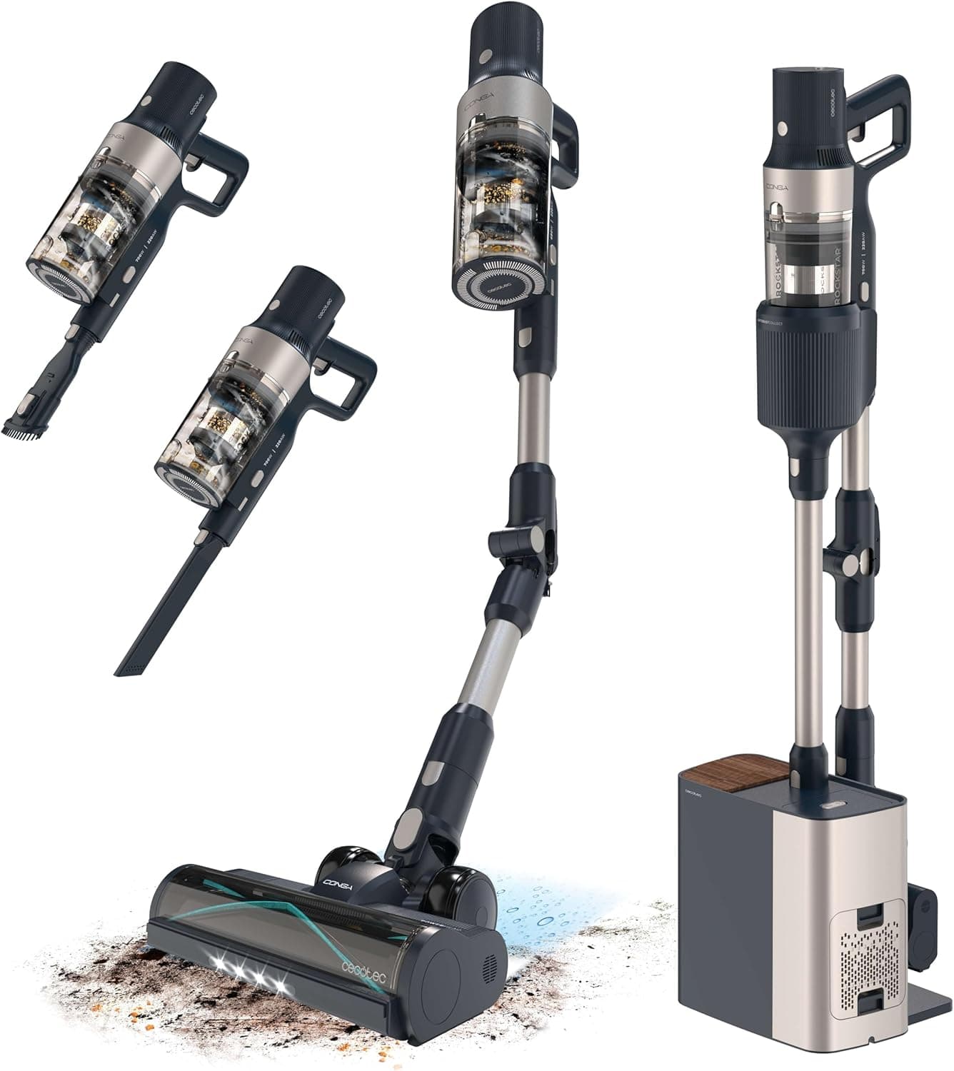 Cecotec Aspirador vassoura sem cabo Conga Rockstar 5500 Hurricane Station Flex, MAX 220 AW, 700 W, base de auto-esvaziamento, até 90 min de automonomia, escova anti-emaranhados, tubo flexível e ciclo