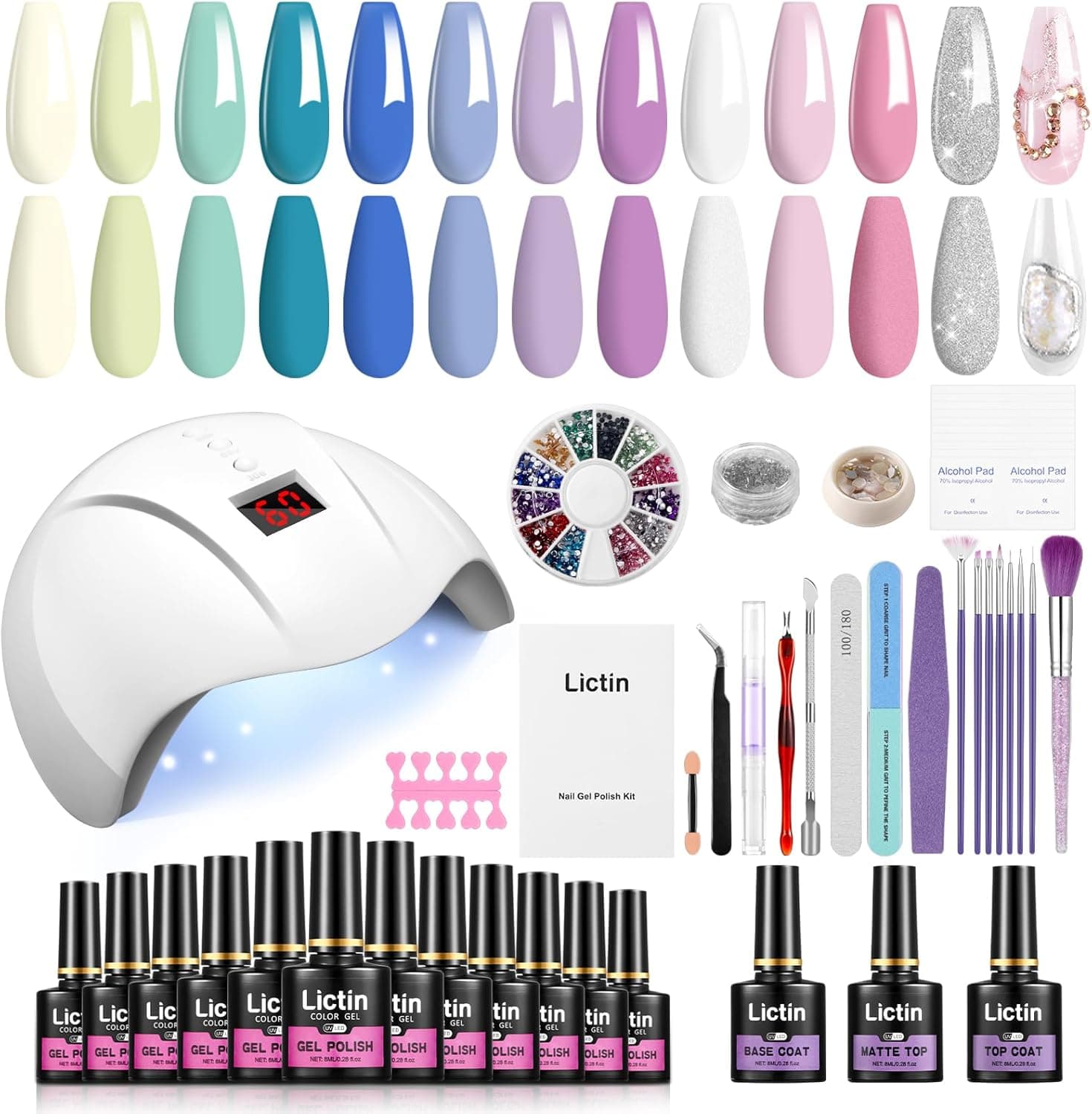 Lictin Kit Unhas de gel - kit candeeiro unhas de gel, 12 cores  8 ml esmalte semipermanente gel unhas, 36 W candeeiro secador de unhas UV/LED, removedor de unhas, ferramentas de manicure