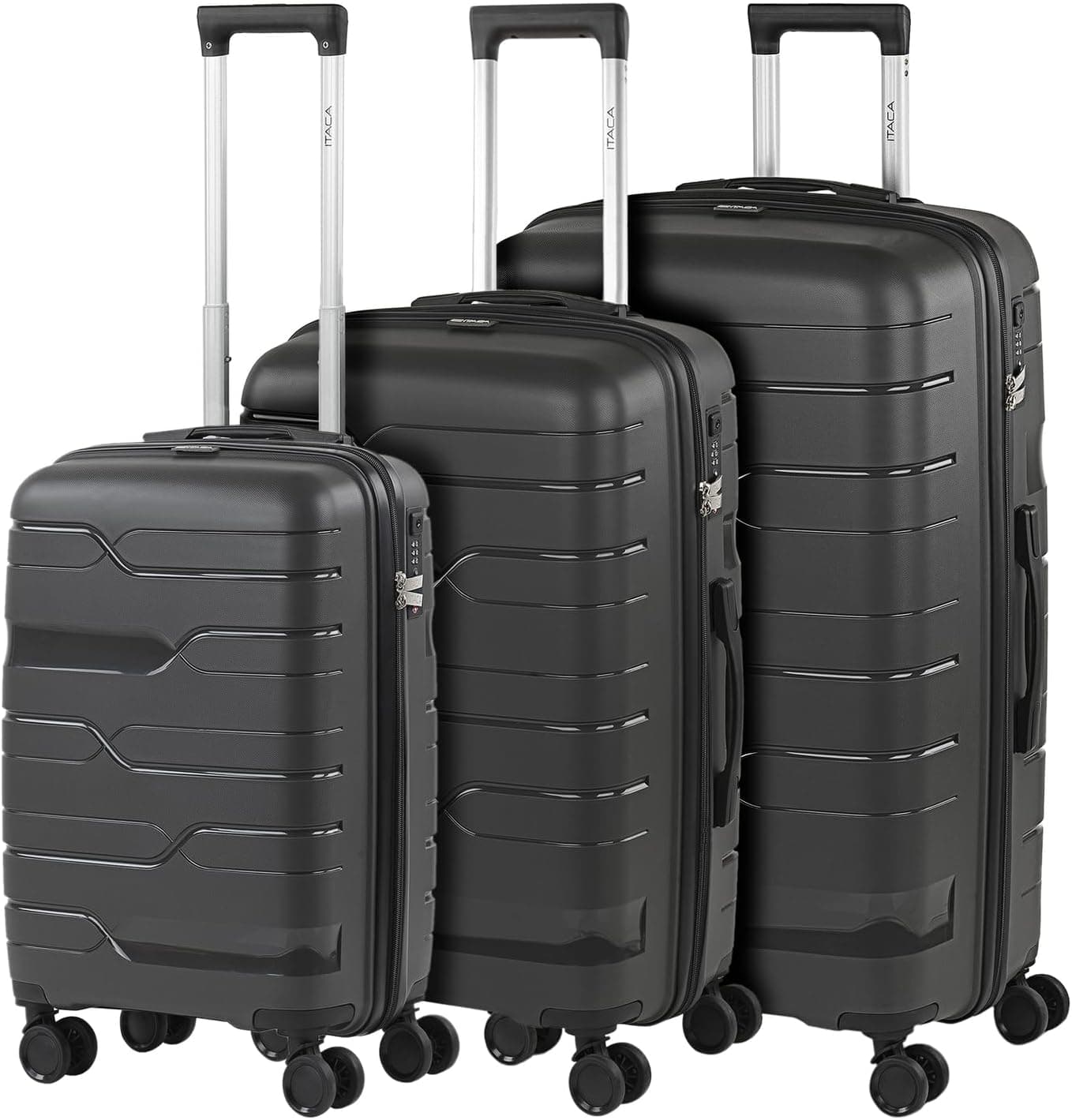 ITACA - Conjuntos de 3 e 2 malas de viagem rígidas de polipropileno com fechadura TSA leves e resistentes tamanho cabine média e grande 760300, Cinzento escuro, Contemporâneo