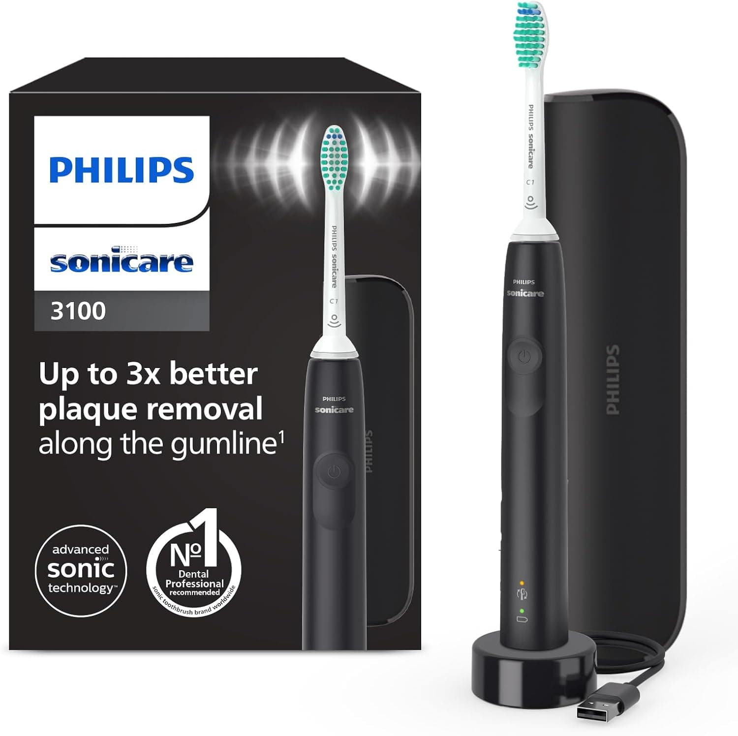 Philips Sonicare 3100, escova de dentes elétrica, sónica, sensor de pressão e temporizador, estojo de viagem, preto, HX3673/14, preto