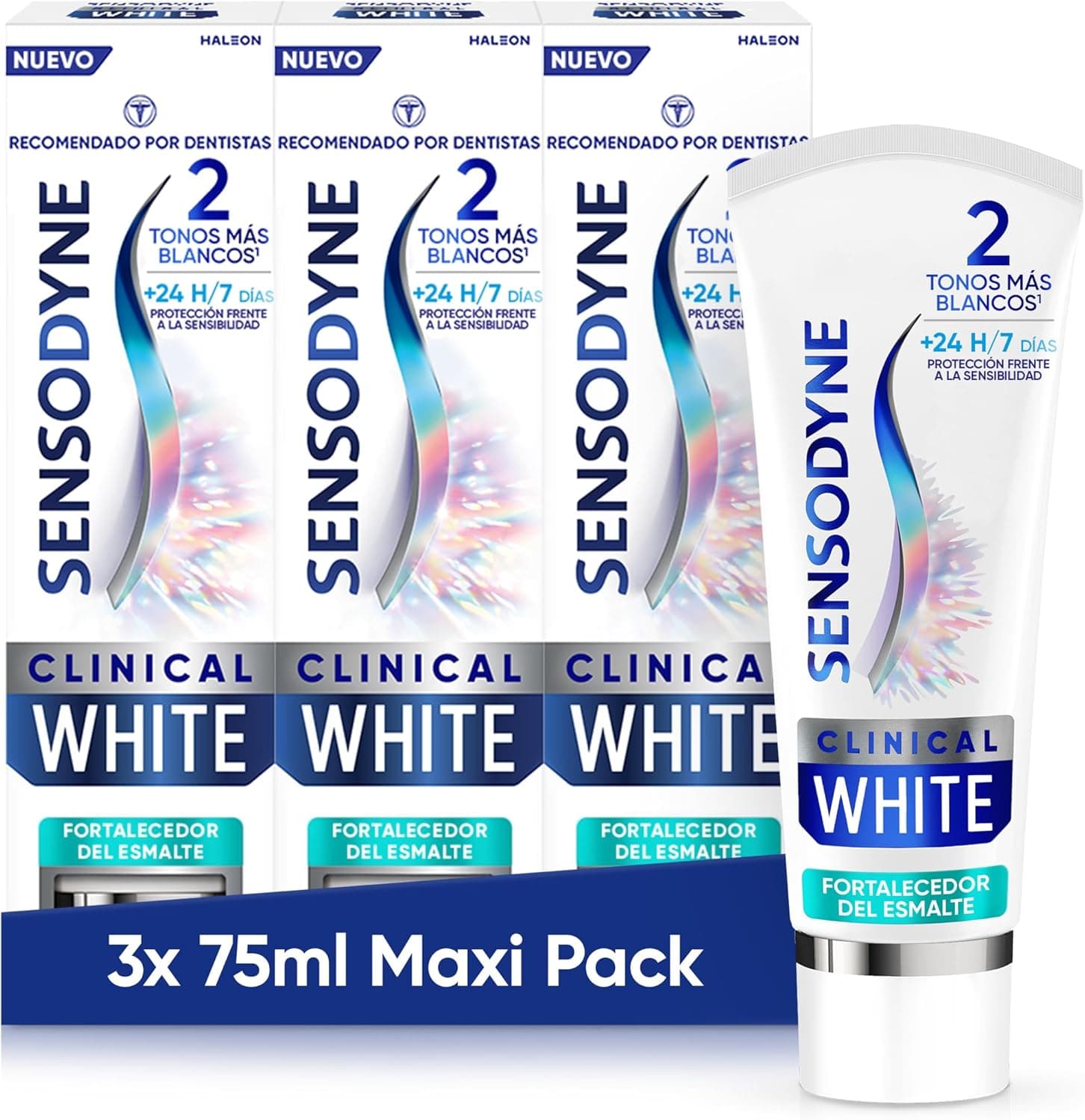 Sensodyne Clinical White fortalecedor de esmalte, pasta de dentes branqueada Sensodyne, sabor a hortelã, proteção contra a sensibilidade, embalagem de 3 x 75 ml