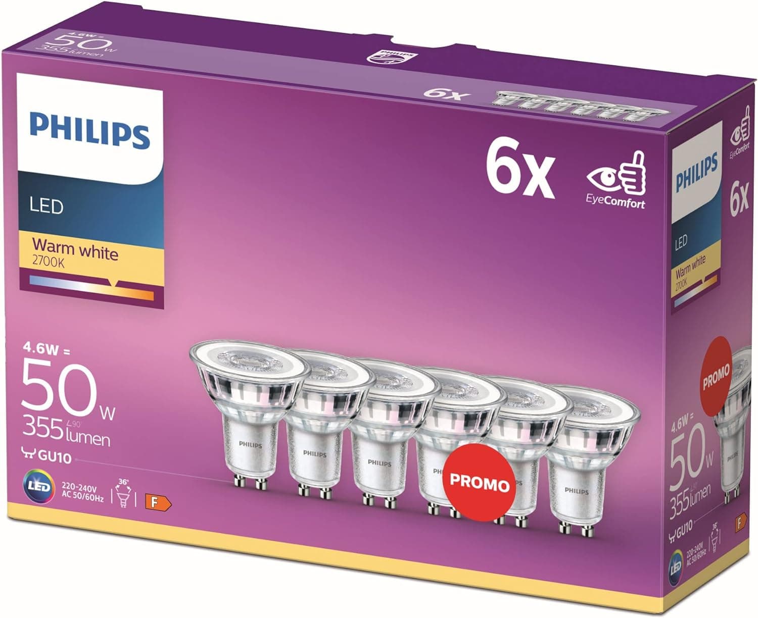 Philips - Lâmpada LED de vidro 50 W, GU10, luz branca quente, transparente, não regulável, pack 6