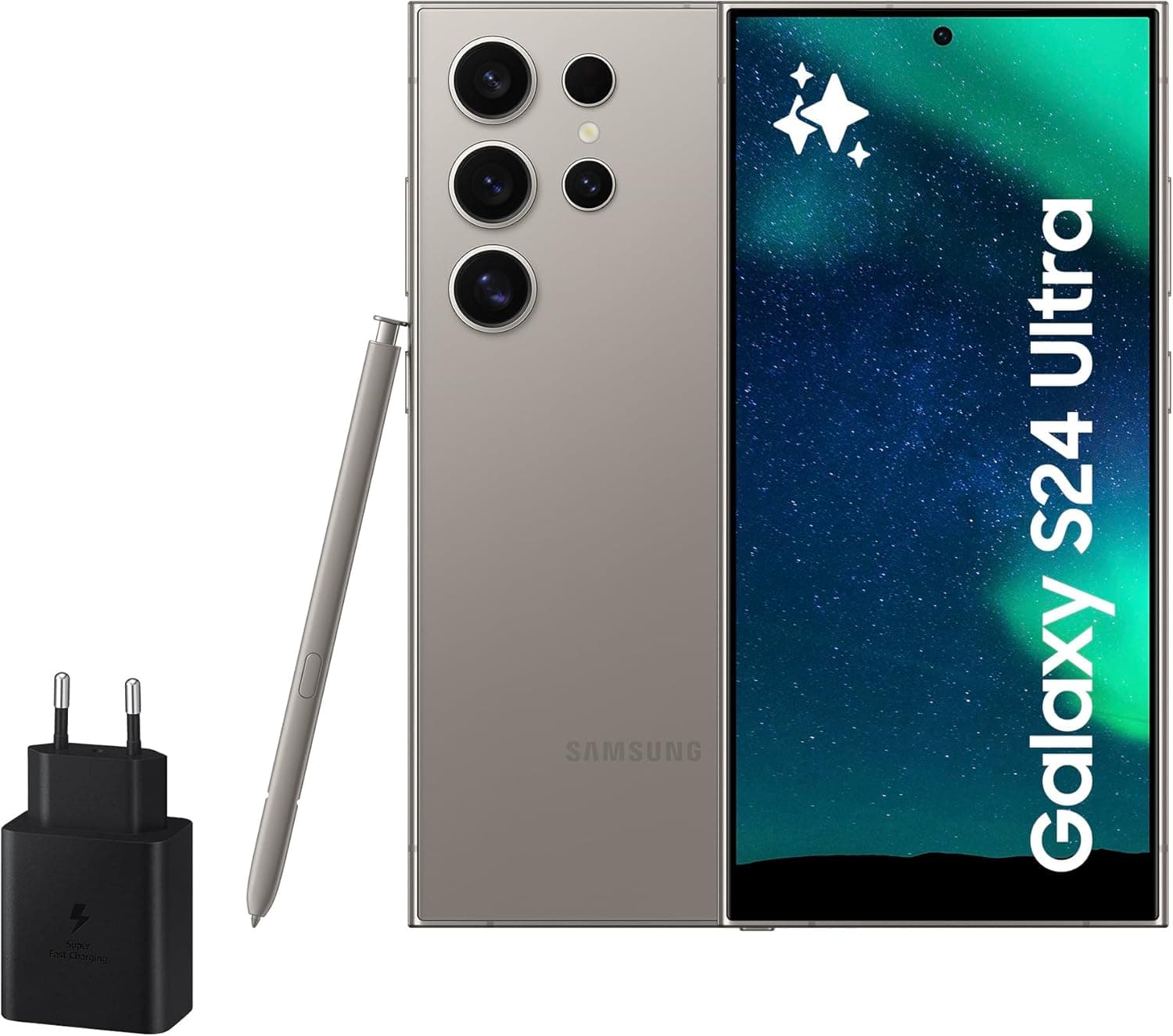 Samsung Galaxy S24 Ultra e carregador de 45W, telemóvel com IA, smartphone Android, 12 GB RAM, 512 GB de armazenamento, câmara 200 MP, S Pen, bateria longa duração, cinzento titânio