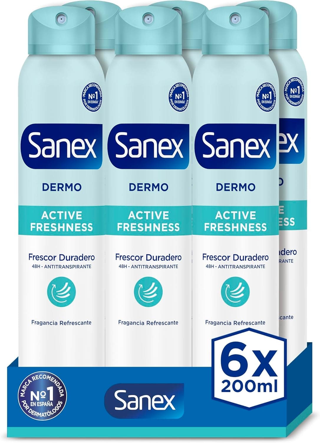 Desodorante anti-transpiração Sanex Dermo Active Freshness Spray Pack 6 x 200 ml, proteção contra o suor e o odor, proteção anti-manchas | restaura o pH natural da pele