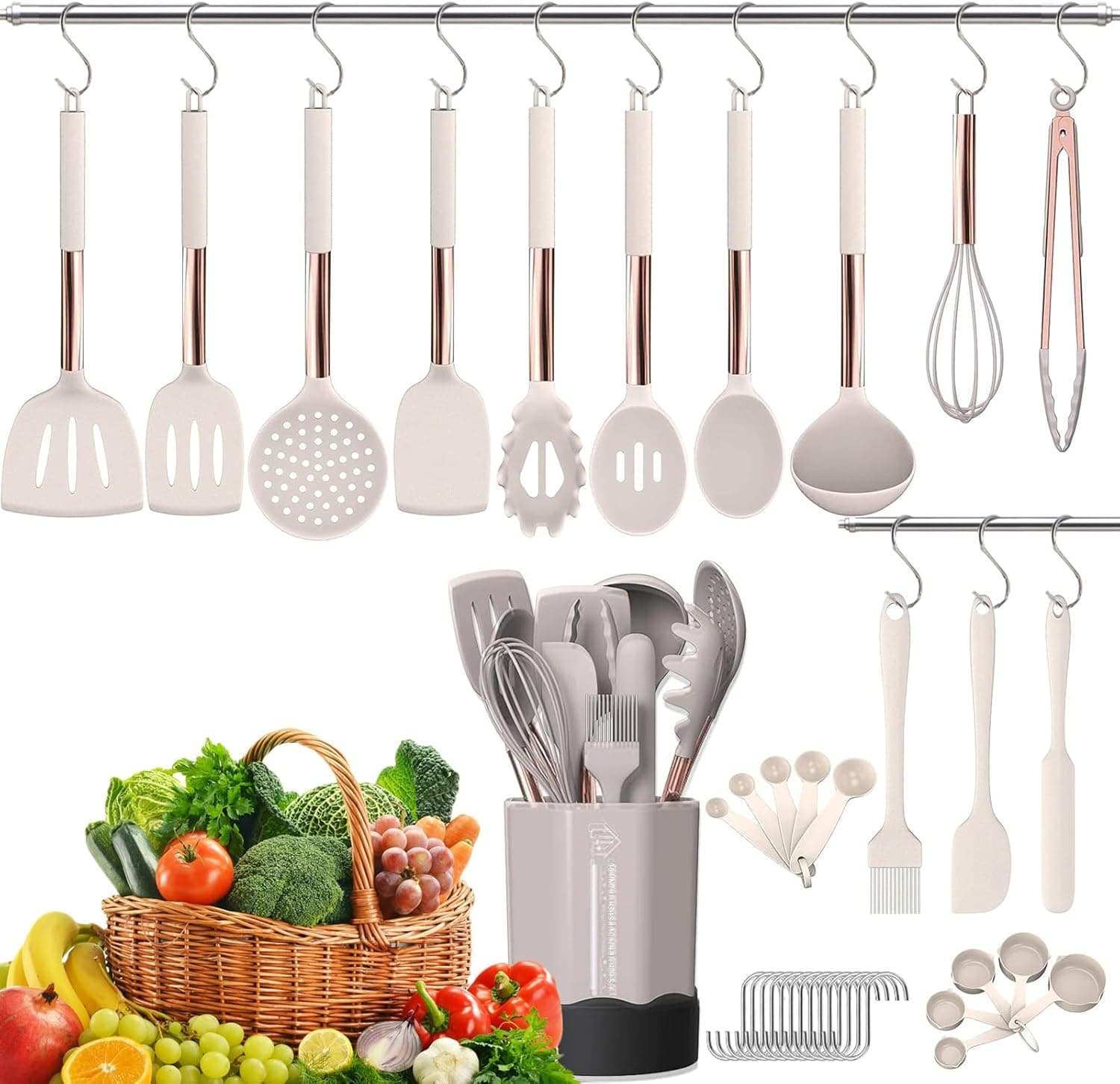 DLD Utensílios Cozinha Silicone 24pcs | Espátulas resistentes ao calor com cabos em inox cobre e suporte
