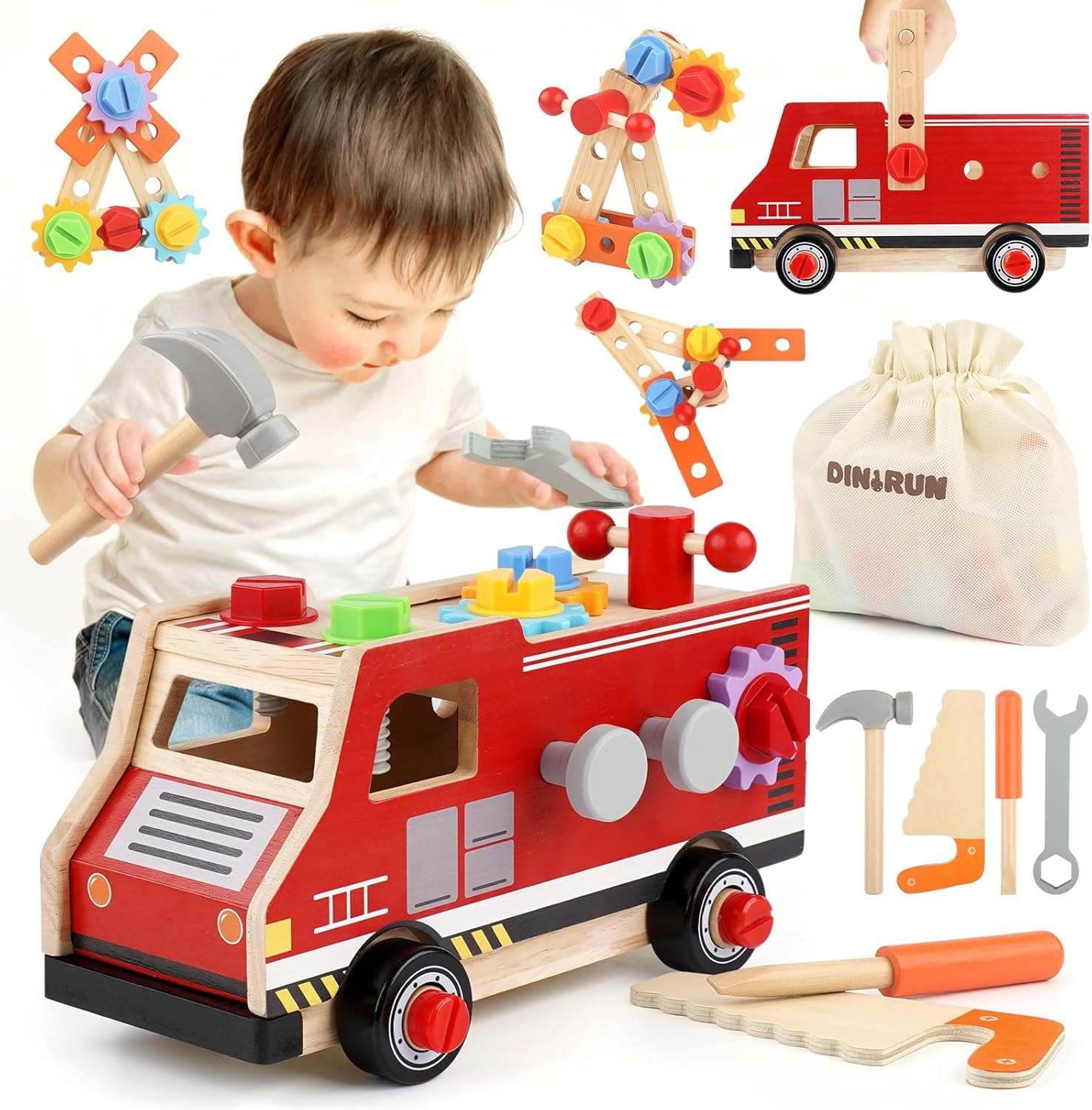 DINORUN Ferramentas de brinquedo, caixa ferramentas brinquedos de madeira aniversário presente jogo educativo para meninos meninas 2 3 4 5 anos (47 peças)