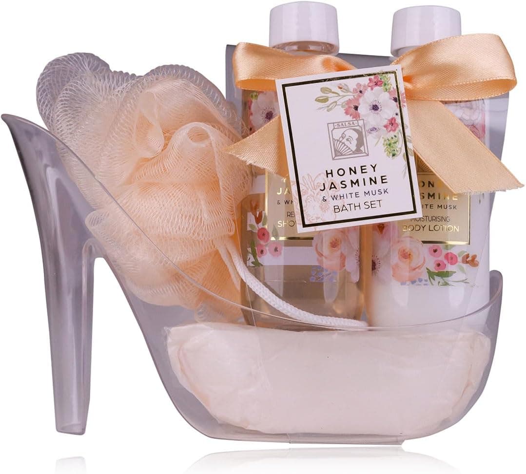 Accentra - Conjunto de presente para mulher HONEY JASMINE em lindos saltos - conjunto de cuidados de 3 peças com gel de banho, loção corporal e esponja de banho