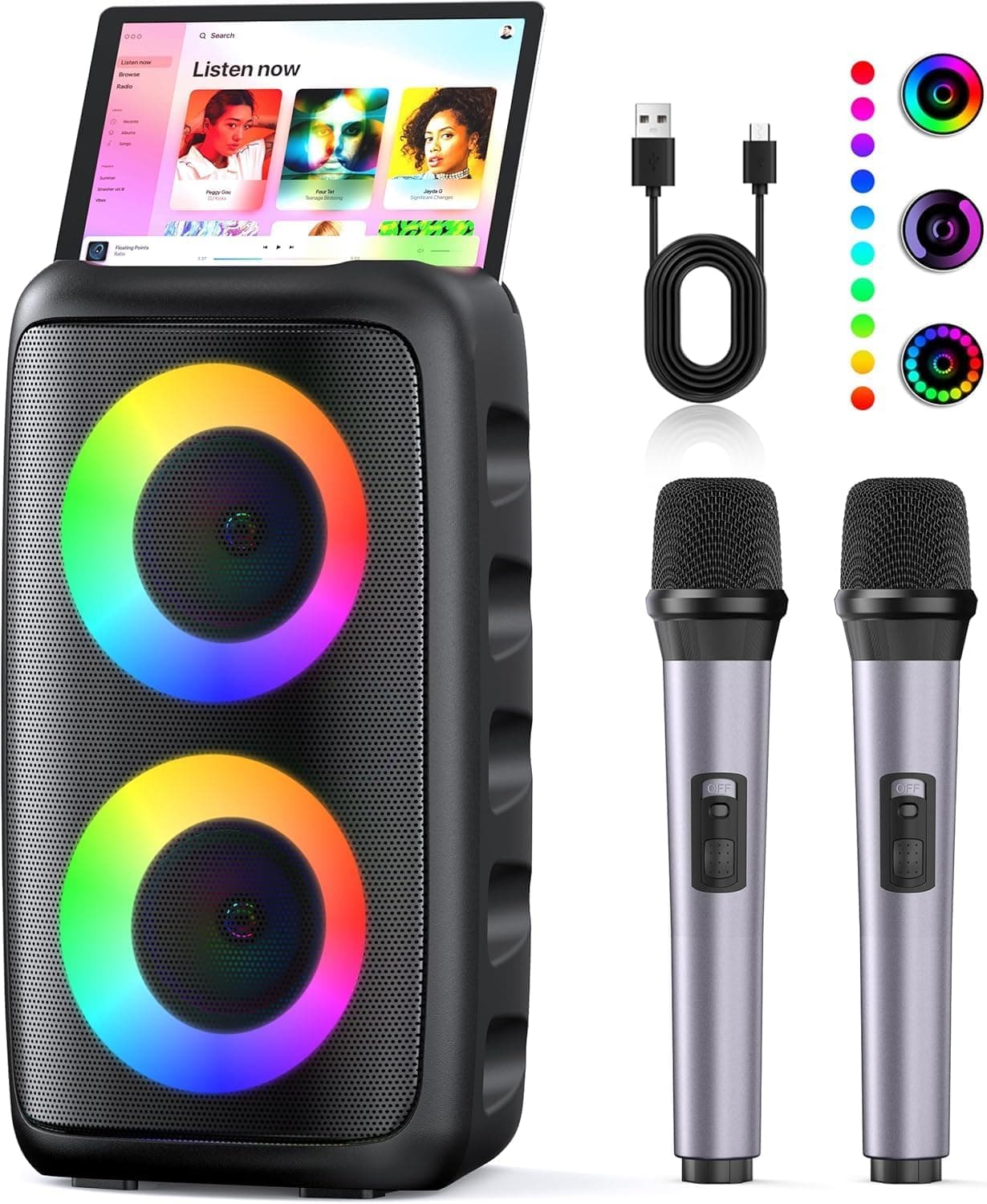 Karaoke 2 Microfones sem fios (2025 última geração) | Altifalante com microfone Bluetooth, suporte TV/Smartphone/iPad/TWS/AUX/USB/FM | para festa, aniversário, viajar