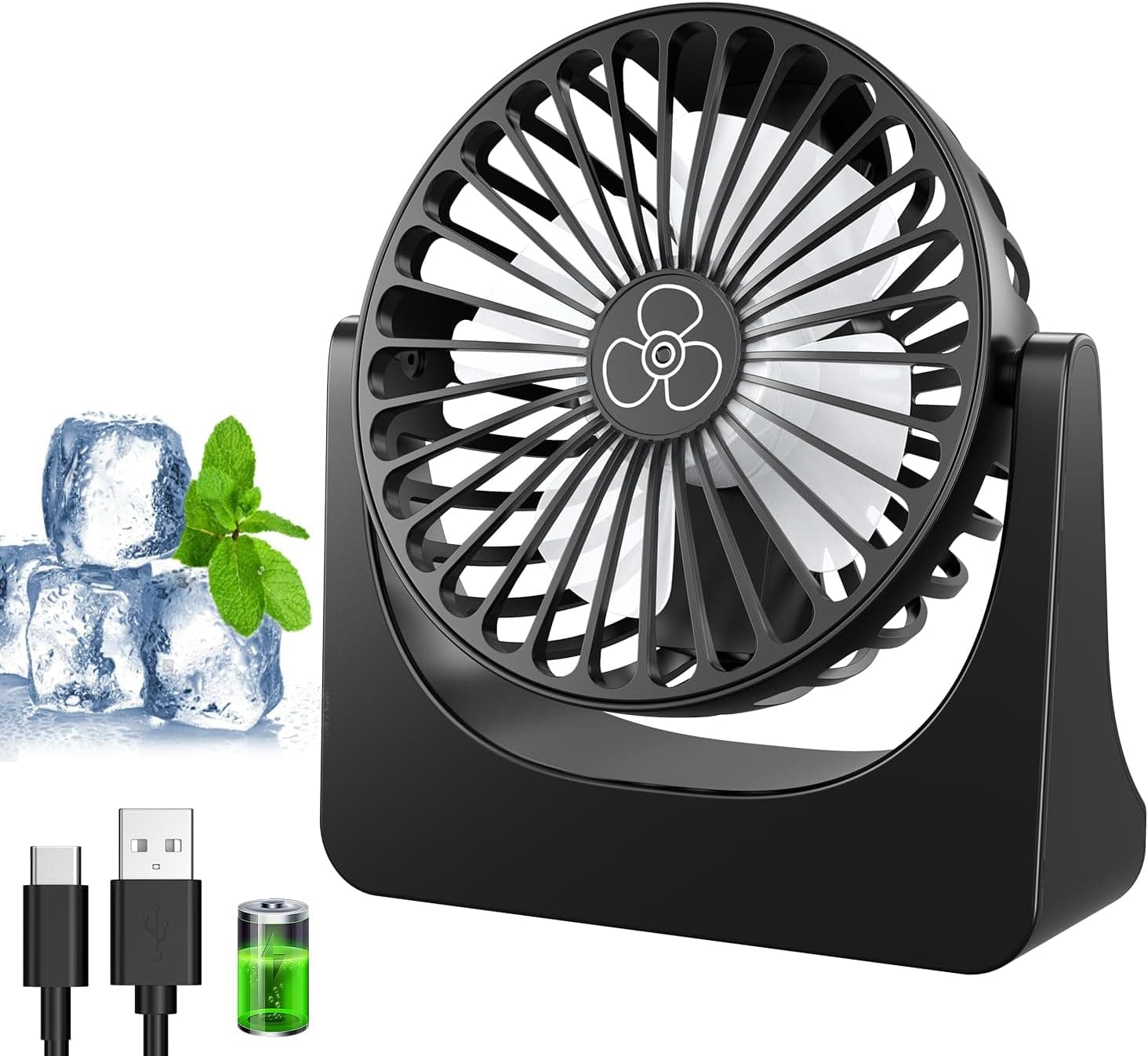 Ventoinha de mesa, ventilador USB com bateria de 3000 mAh, mini ventilador portátil silencioso de rotação de 360°, 3 velocidades pequena poderosa secretária para escritório/casa/campismo/viagem